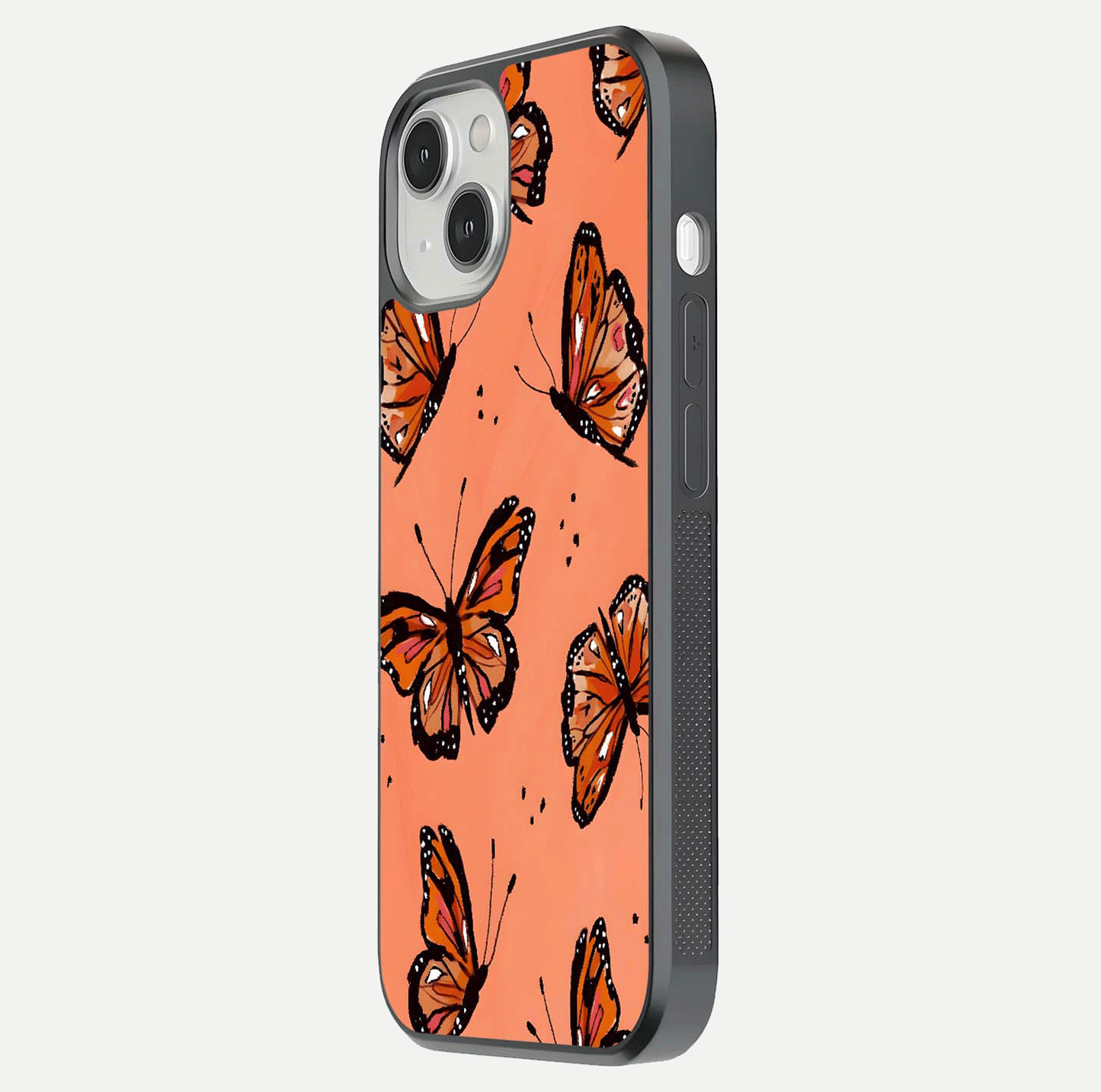Coral Wing Butterfly Glass Case for iPhone 13 Mini side-angle photo showing reflective finish and smooth edges