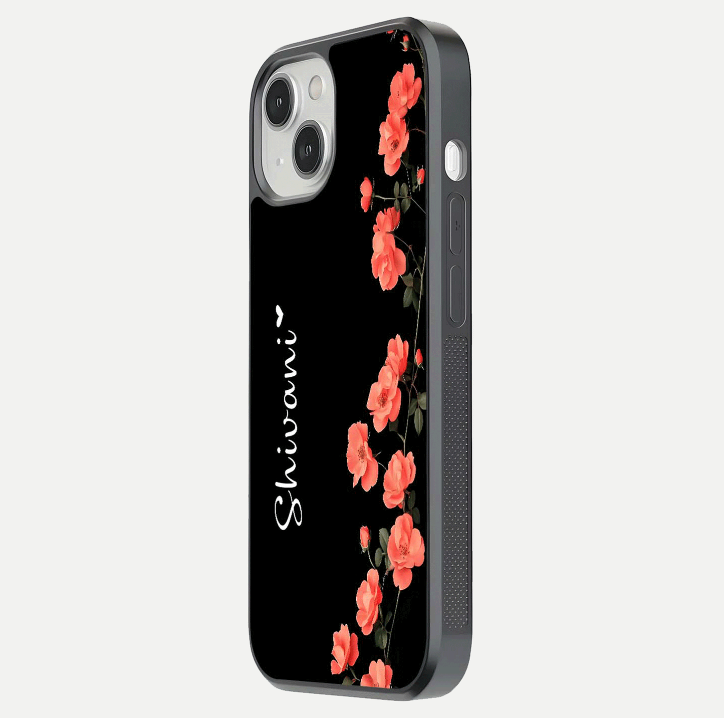 Crimson Bloom Grace Custom Name Glass Case for iPhone 13 Mini side-angle photo capturing edge glow and name clarity