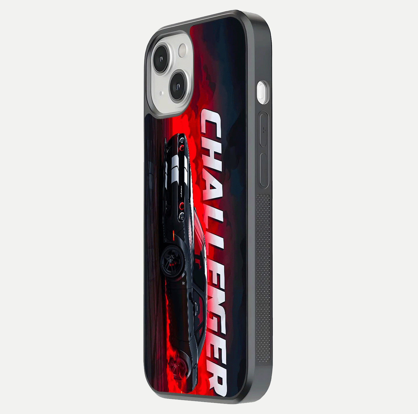 Crimson Challenger Fury Glass Case for iPhone 13 Mini side-angle image showing curve reflection and red finish