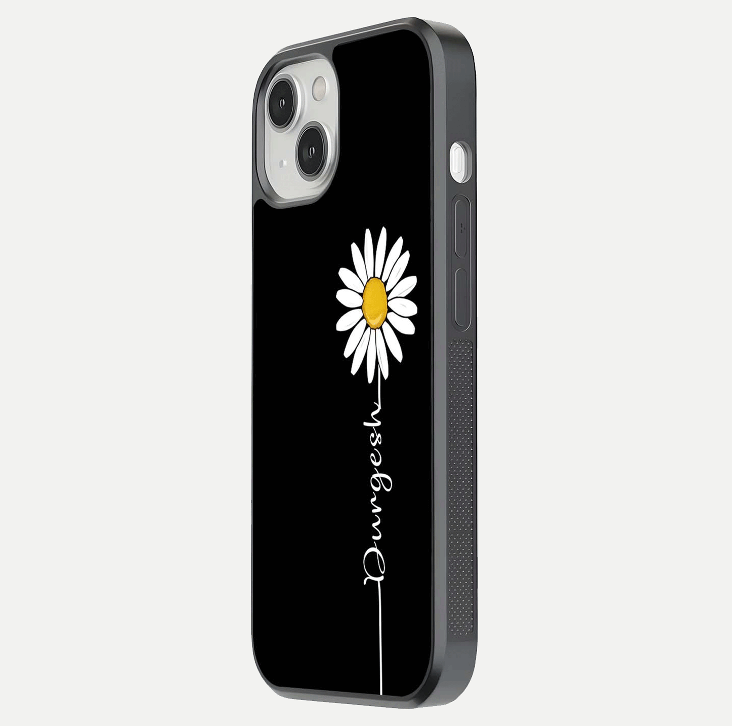 Custom Name White Flower Glass Case for iPhone 13 Mini side-angle photo showing reflection shine and name clarity