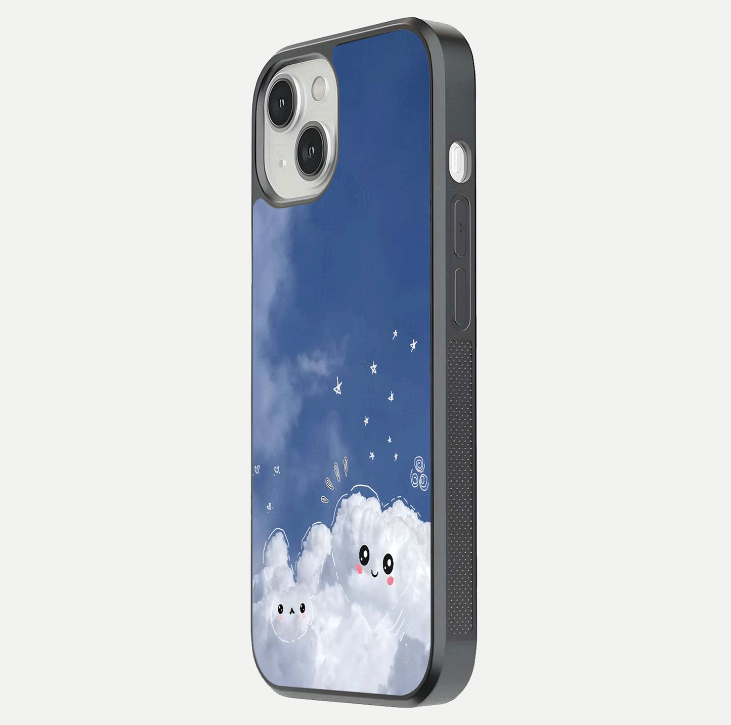 Cute Blossom Cloud Glass Case for iPhone 13 Mini side-angle image capturing gloss texture and curve reflection
