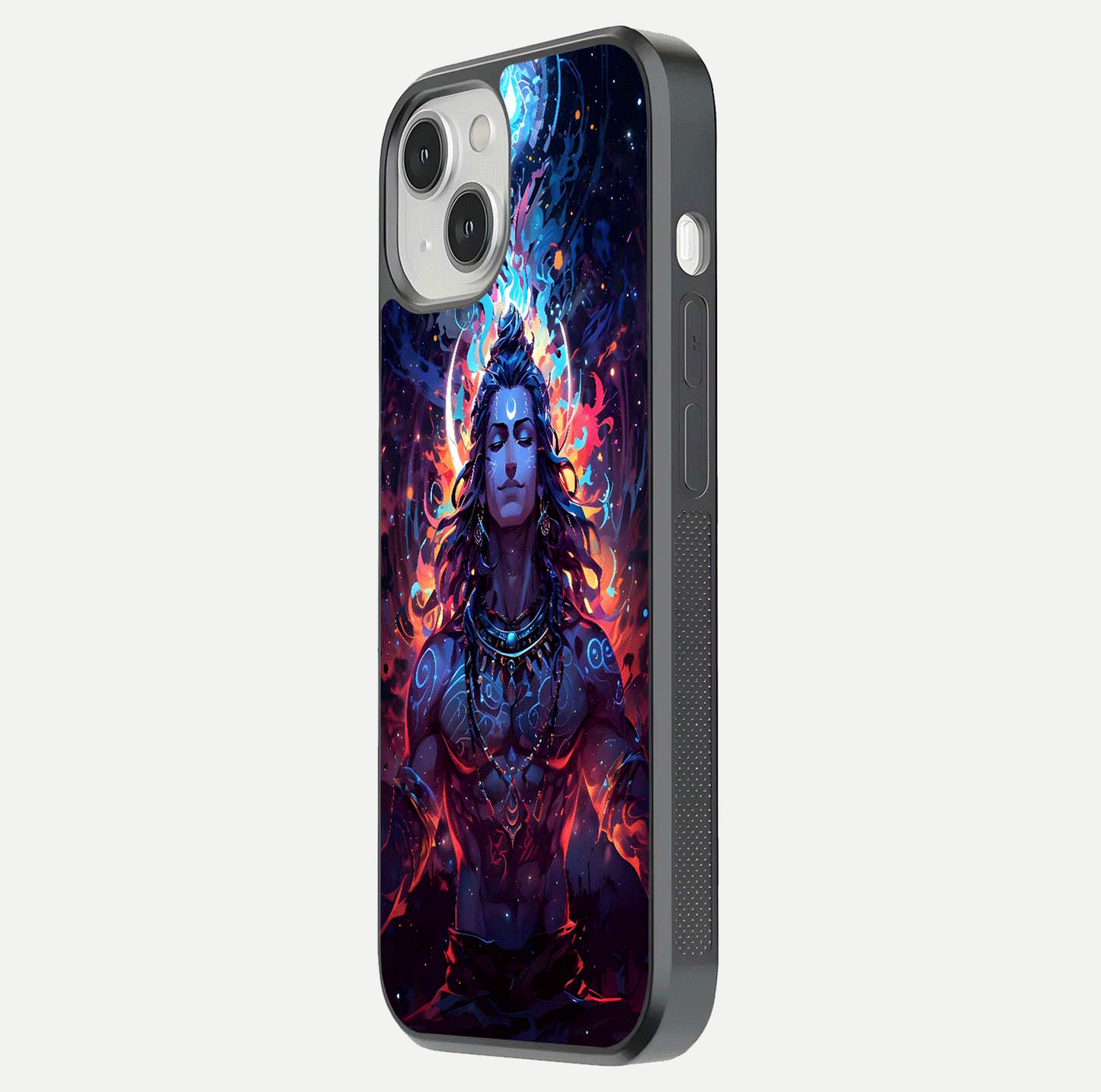 Divine Fire Shiv Glass Case for iPhone 13 Mini side-angle image showing reflection clarity and shine
