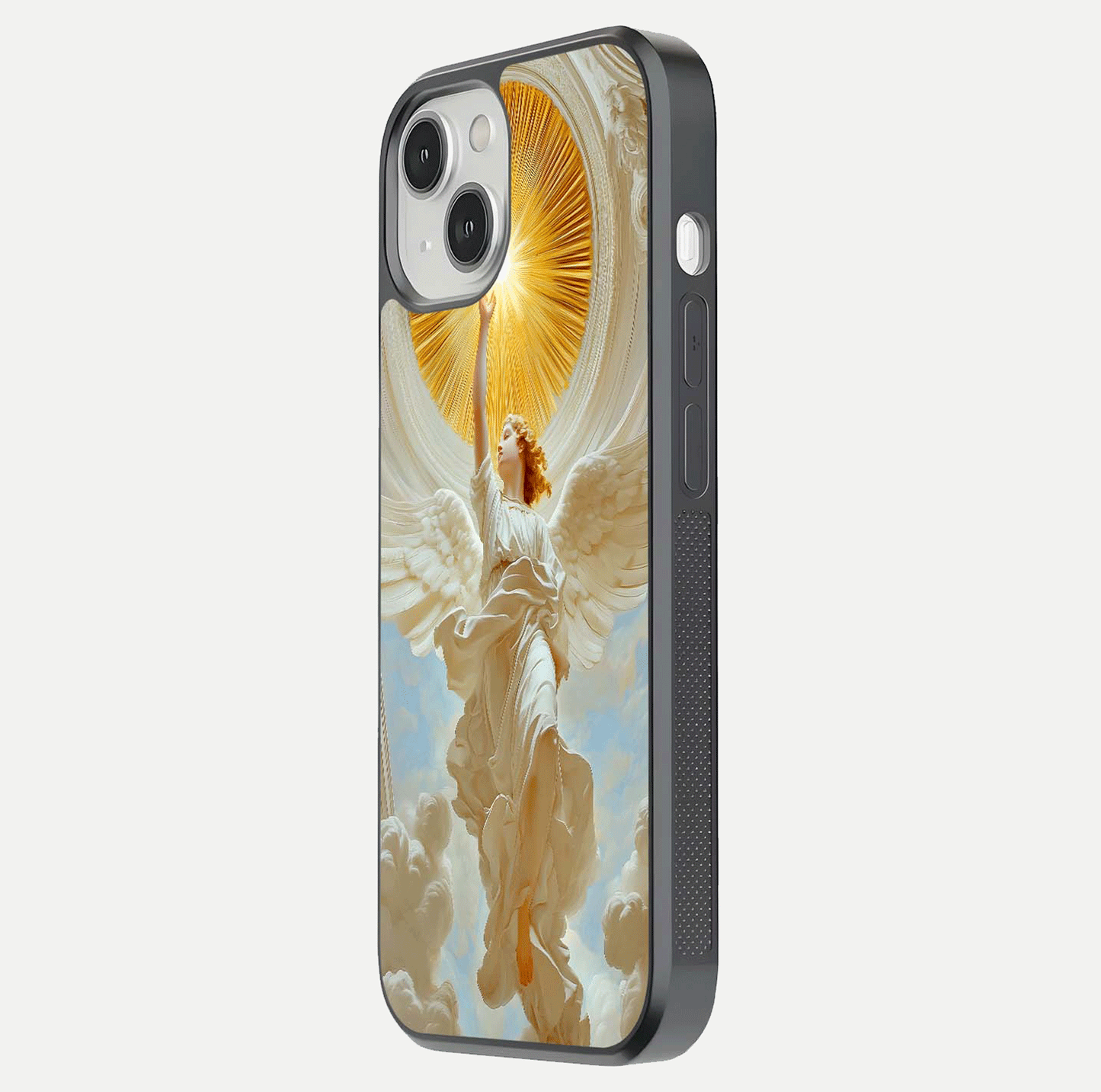 Divine Light Angel Glass Case for iPhone 13 Mini side-angle image capturing reflection shine and edge finish