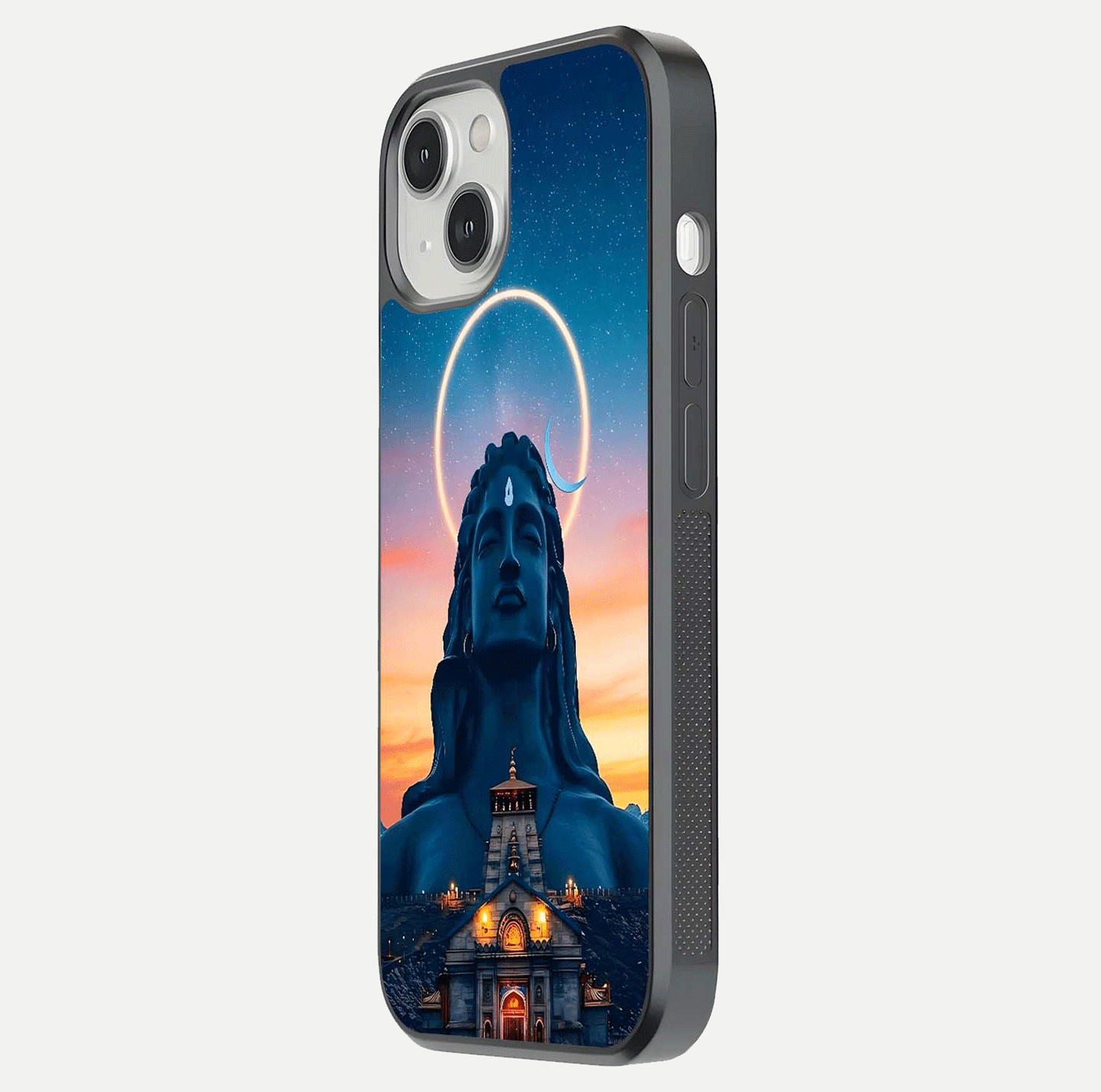 Eternal Shiva Aura Glass Case for iPhone 13 Mini side-angle image showing reflection clarity and rich tone