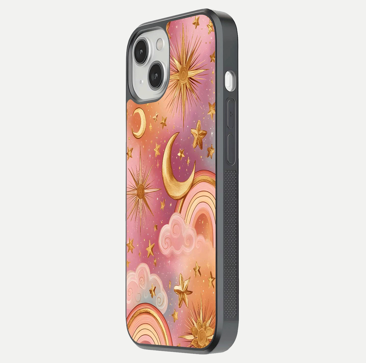Golden Celestial Dreams Glass Case for iPhone 13 Mini side-angle image capturing reflection brightness and starry detail