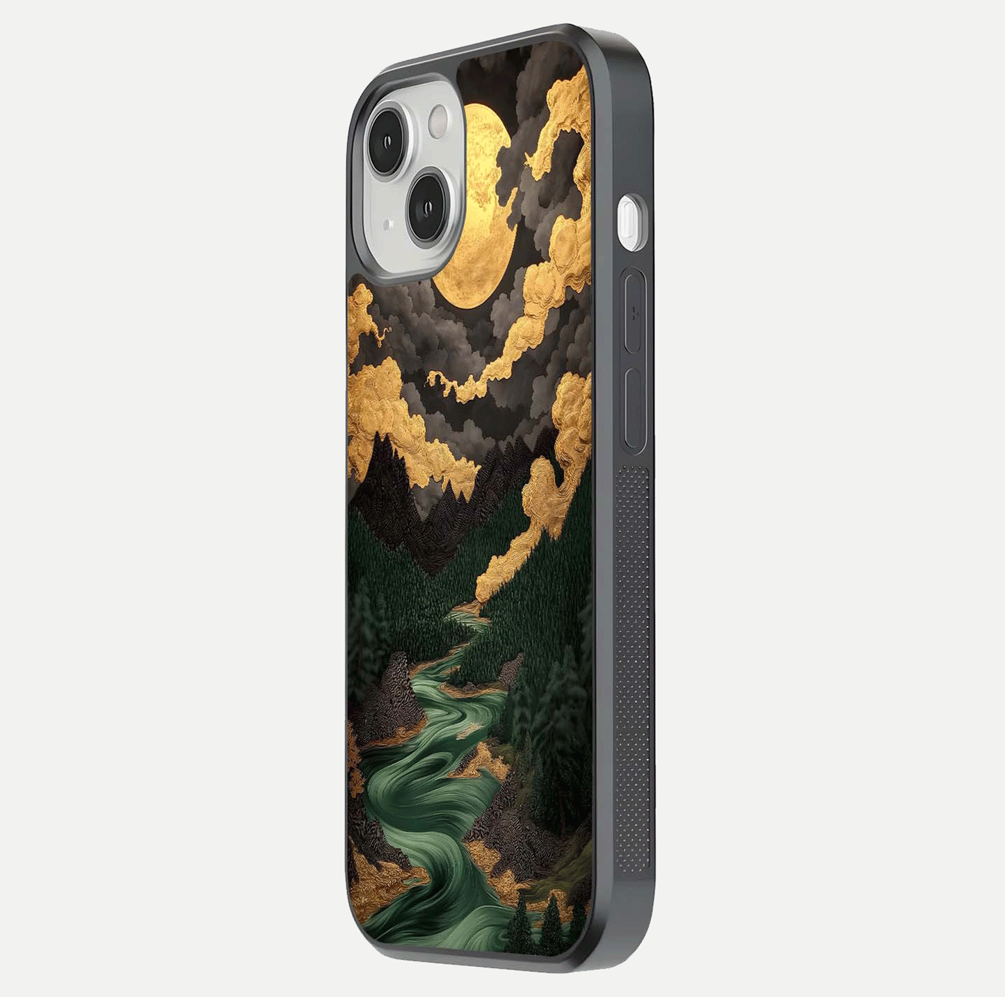 Golden River Moon Glass Case for iPhone 13 Mini side-angle image showing reflection clarity and detailed nightscape