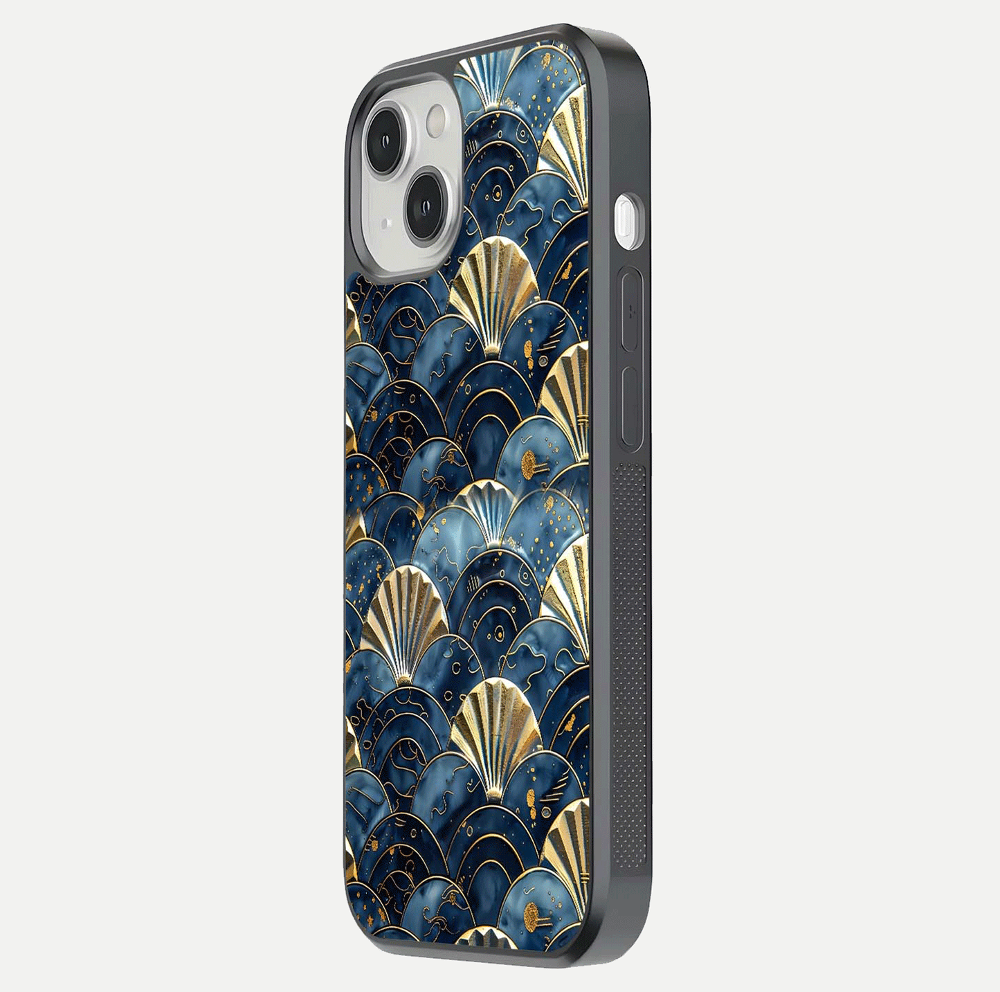 Golden Wave Luxe Glass Case for iPhone 13 Mini side-angle image showing reflection clarity and polished finish