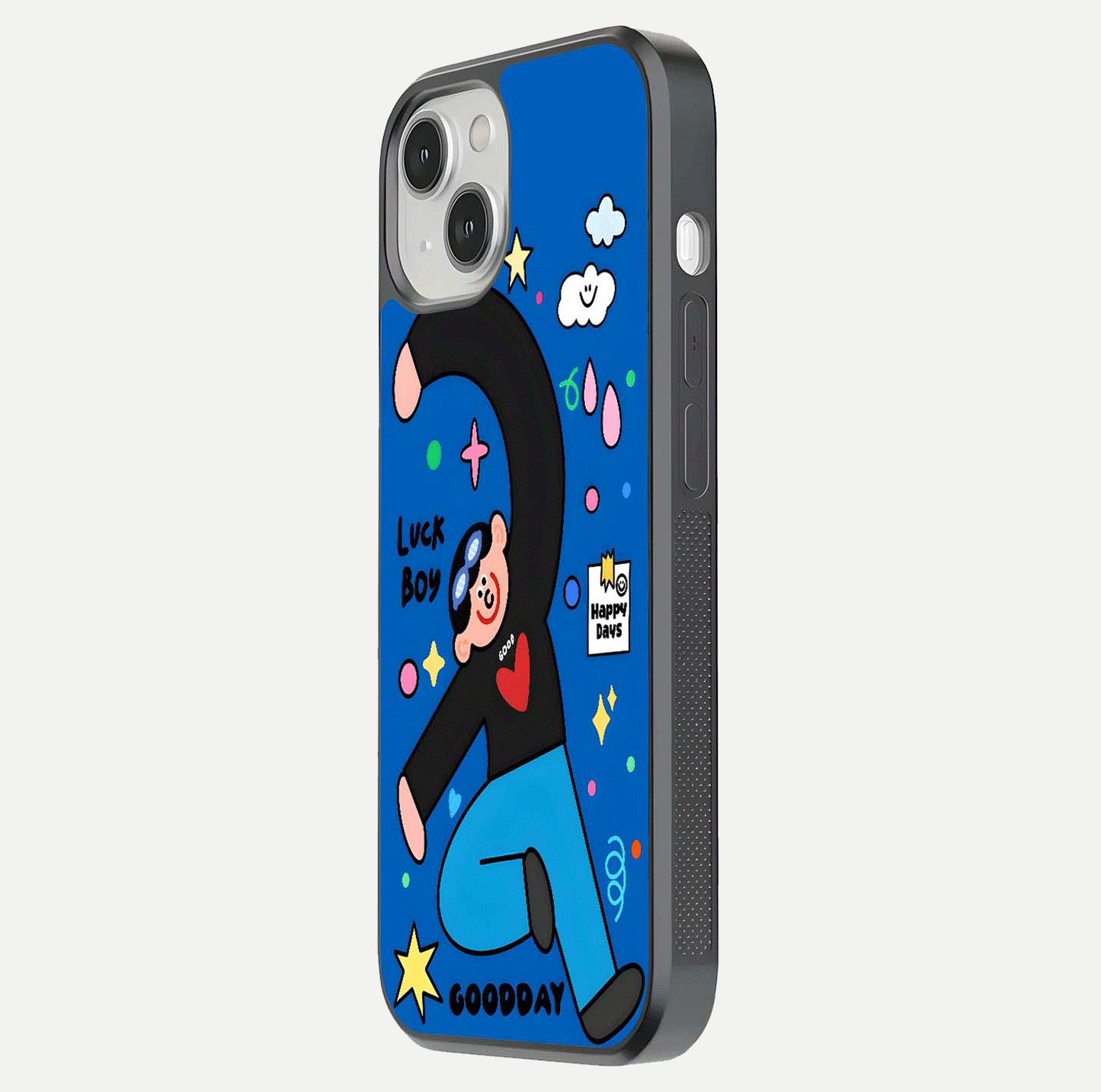 Happy Luck Vibe Glass Case for iPhone 13 Mini side-angle image showing reflection polish and vivid charm design