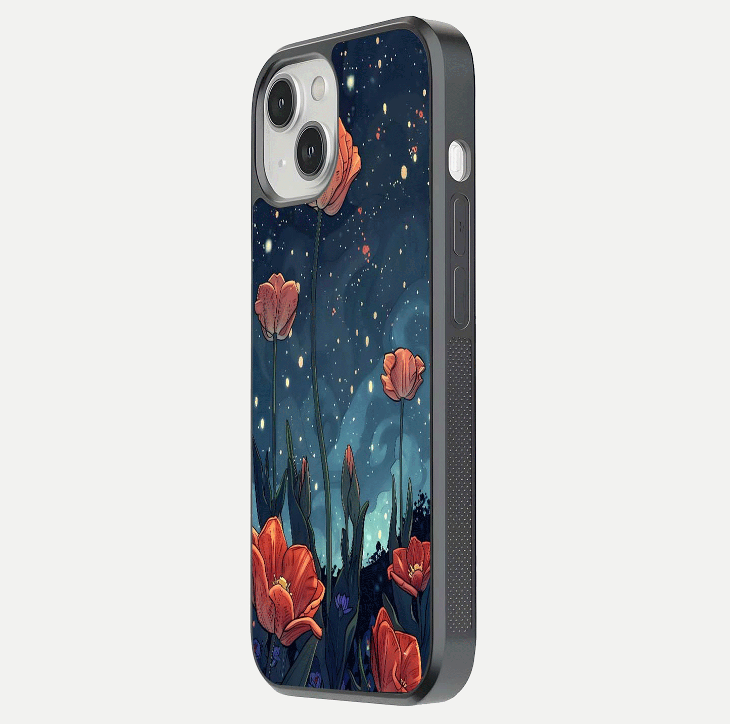 Midnight Tulip Glow Glass Case for iPhone 13 Mini side-angle image showing shine depth and flower artwork