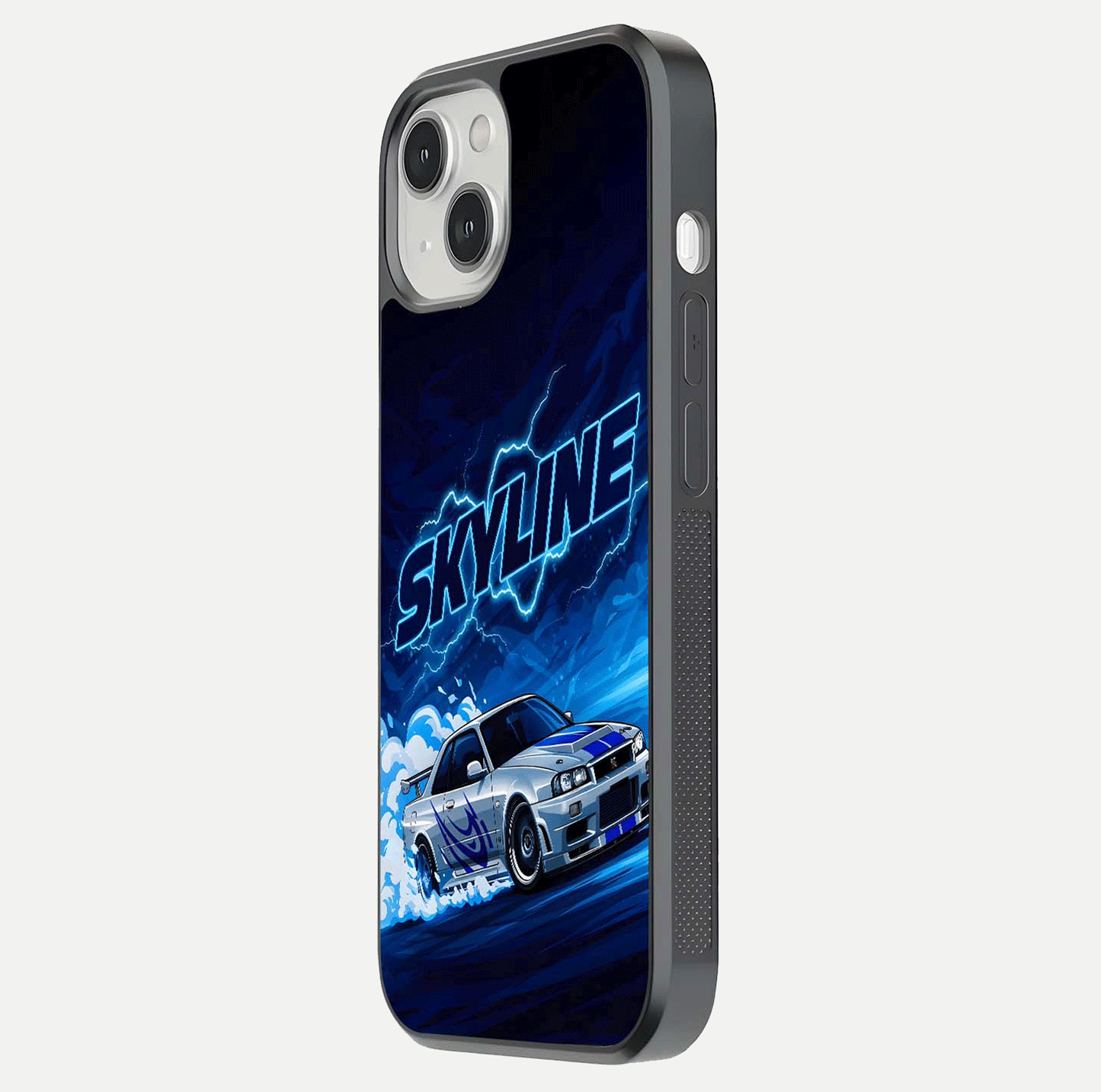 Neon Drift Beast Glass Case for iPhone 13 Mini side-angle image showing reflection depth and bold neon tones