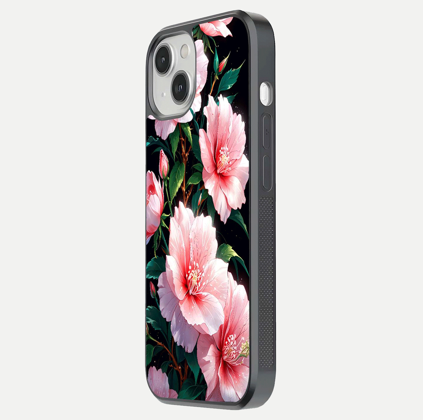 Peach Flower Glass Case for iPhone 13 Mini side-angle image showing gloss depth and peach blossom detail