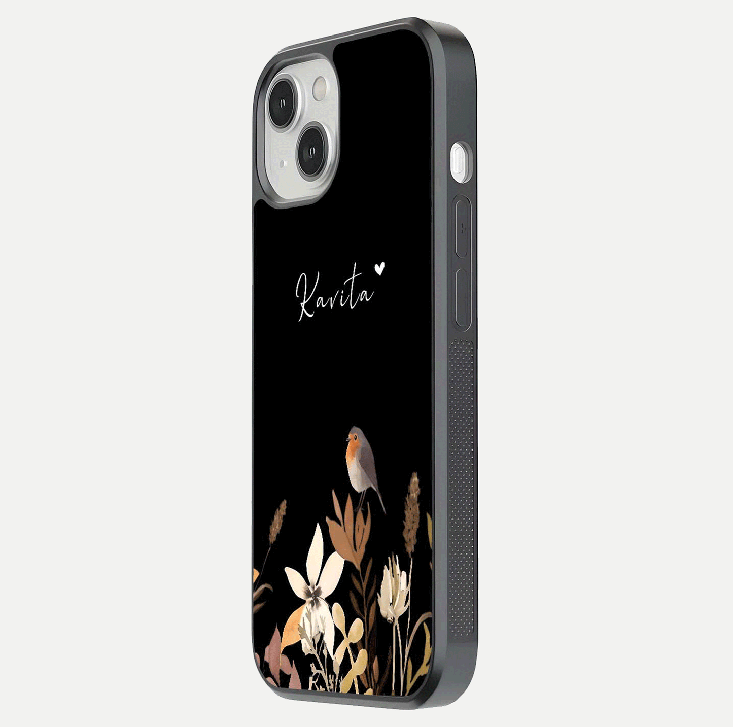 Quiet Garden Tune Custom Name Glass Case for iPhone 13 Mini side-angle image showing reflection and floral design