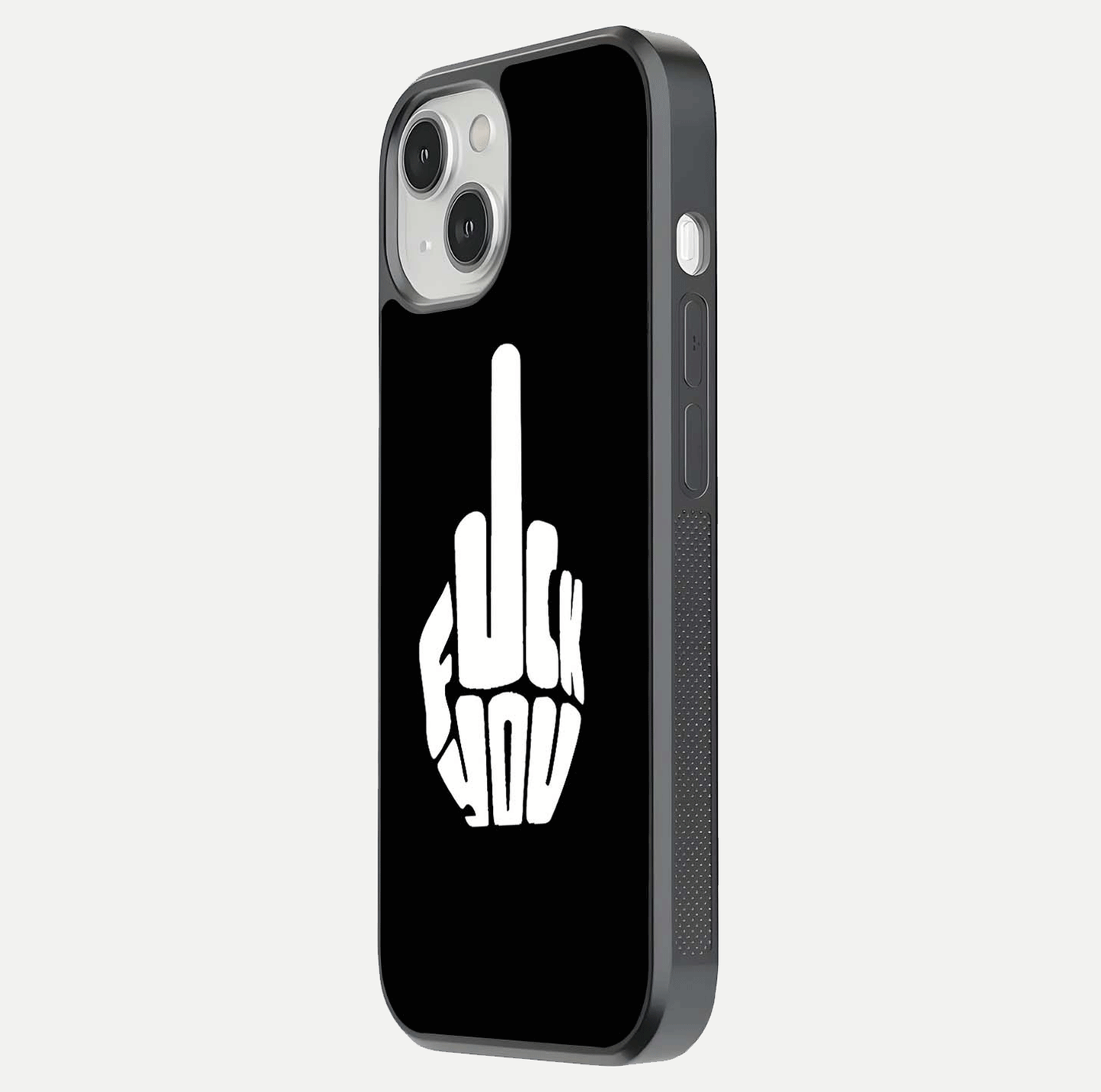 Rebel Mode On Glass Case for iPhone 13 Mini side-angle image showing reflection, edge detail, and text clarity