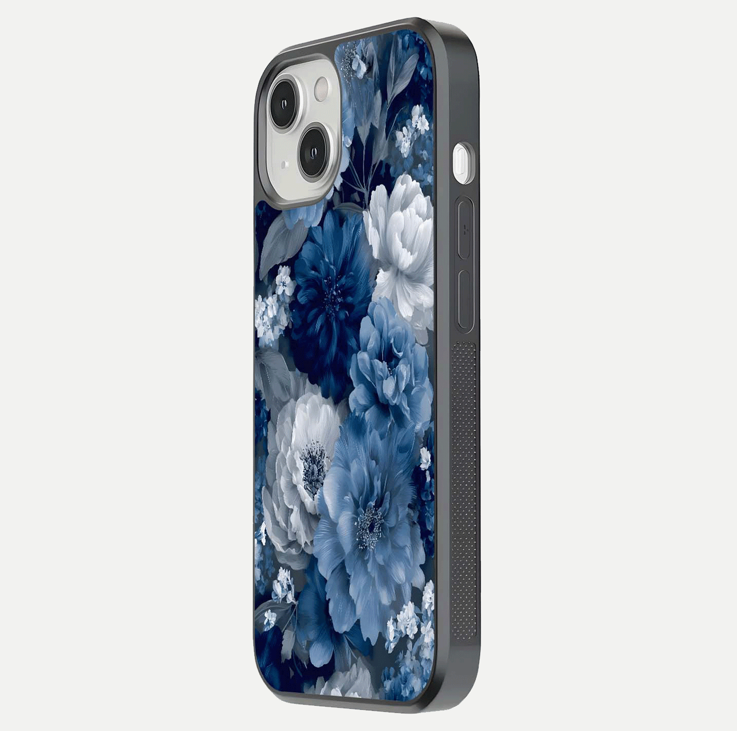 Royal Bloom Garden Glass Case for iPhone 13 Mini side-angle image showing floral pattern, edges, and reflection