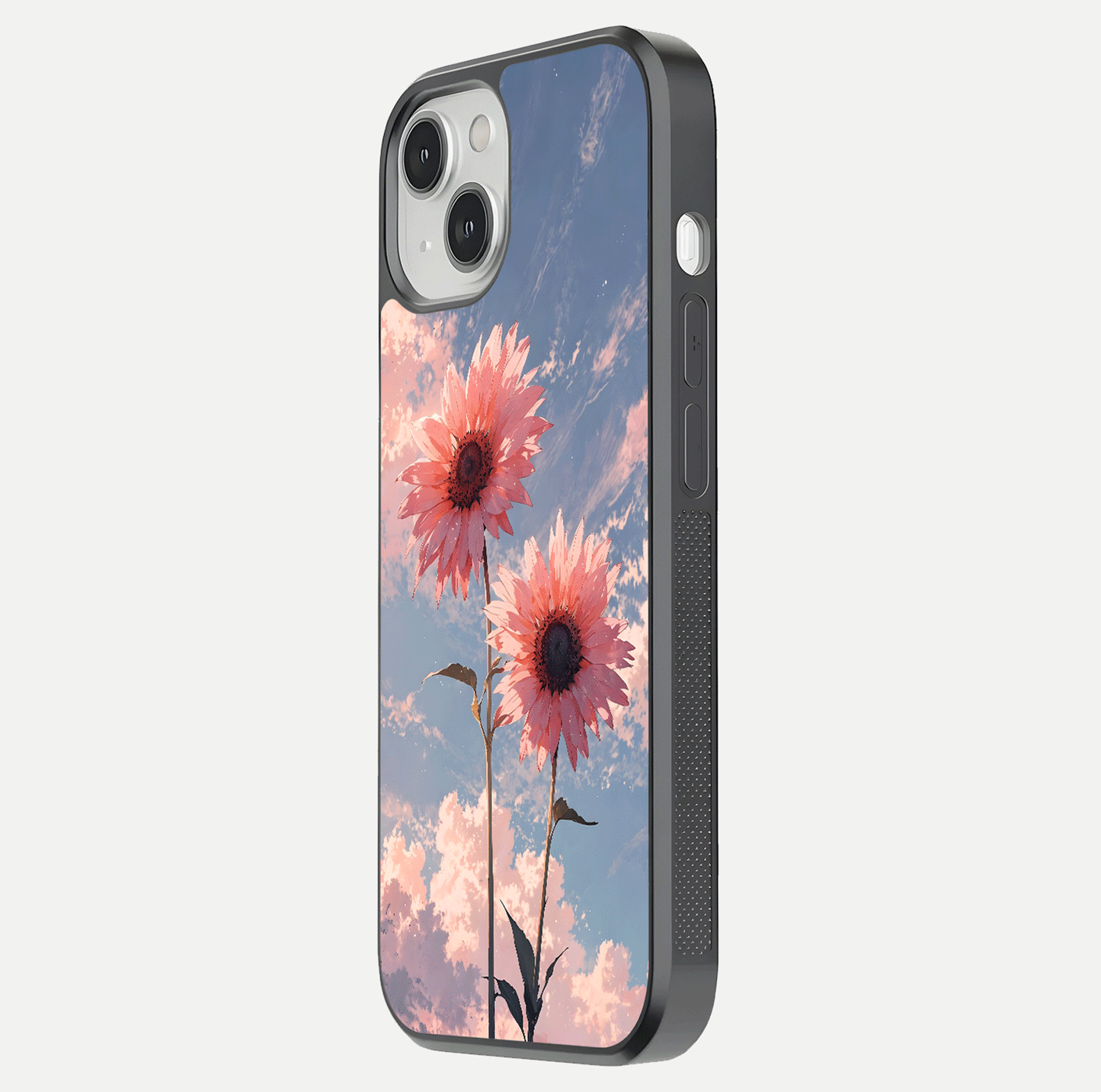 Sunlit Daisy Glow Glass Case for iPhone 13 Mini side-angle image showing shine, gloss, and floral highlight