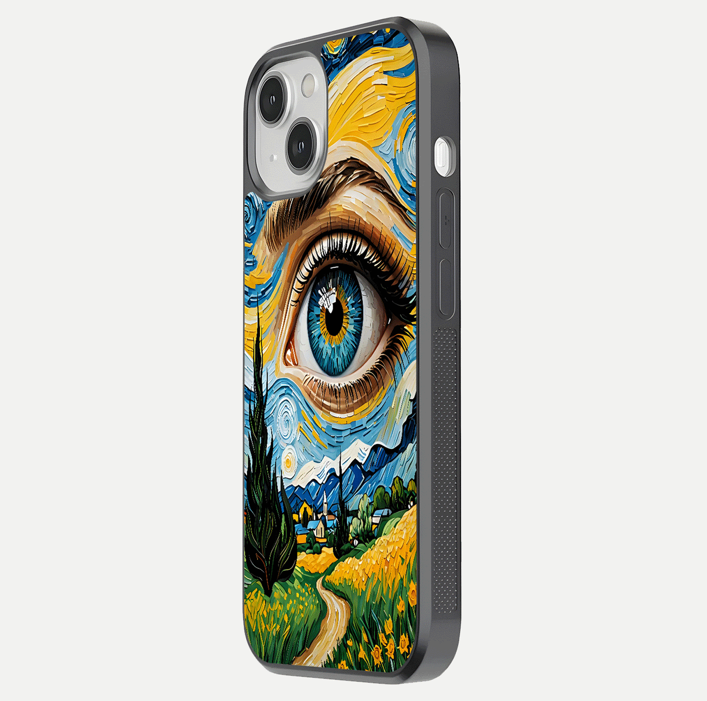 Van Gogh Eye Glass Case for iPhone 13 Mini side-angle image showing reflection, gloss, and artistic contrast