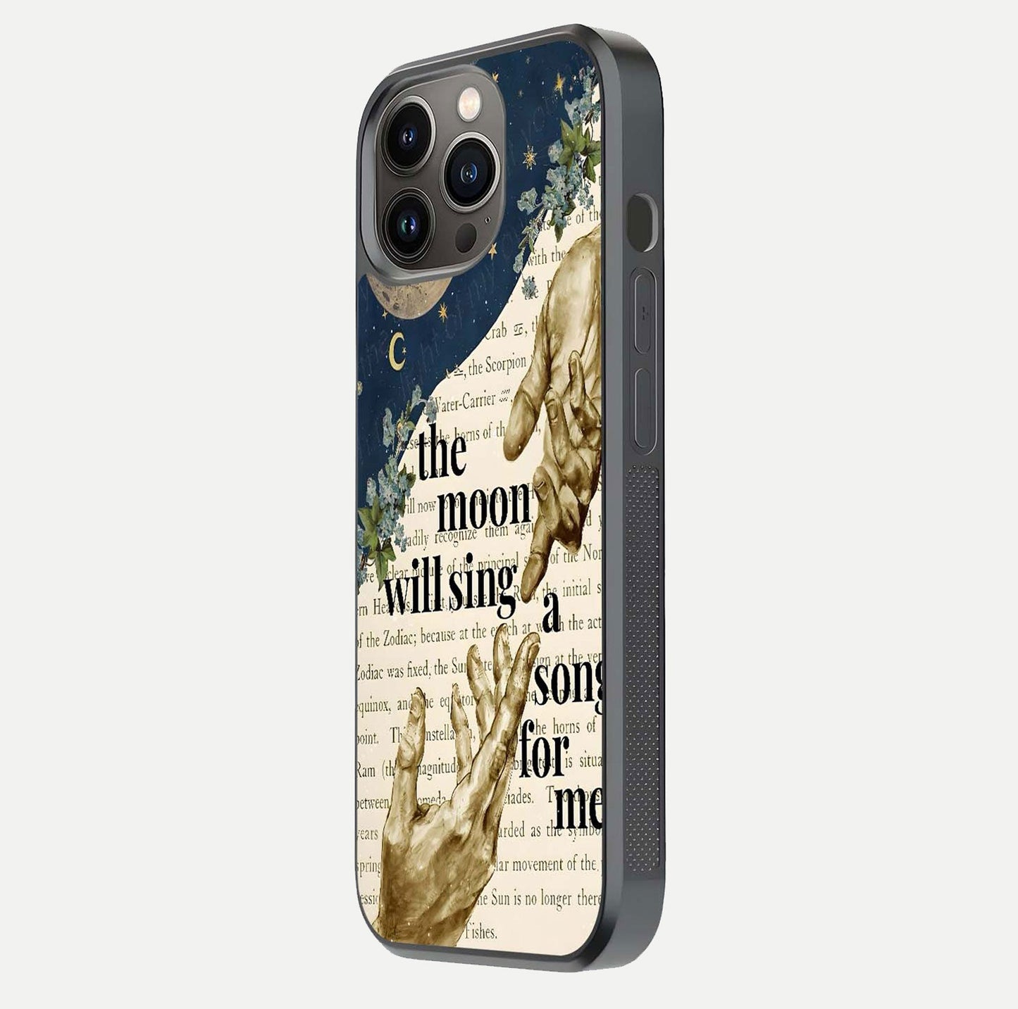 Aesthetic Divine Glass Case for iPhone 16 Pro side-angle image showing divine abstract design, camera module, and glossy finish reflection