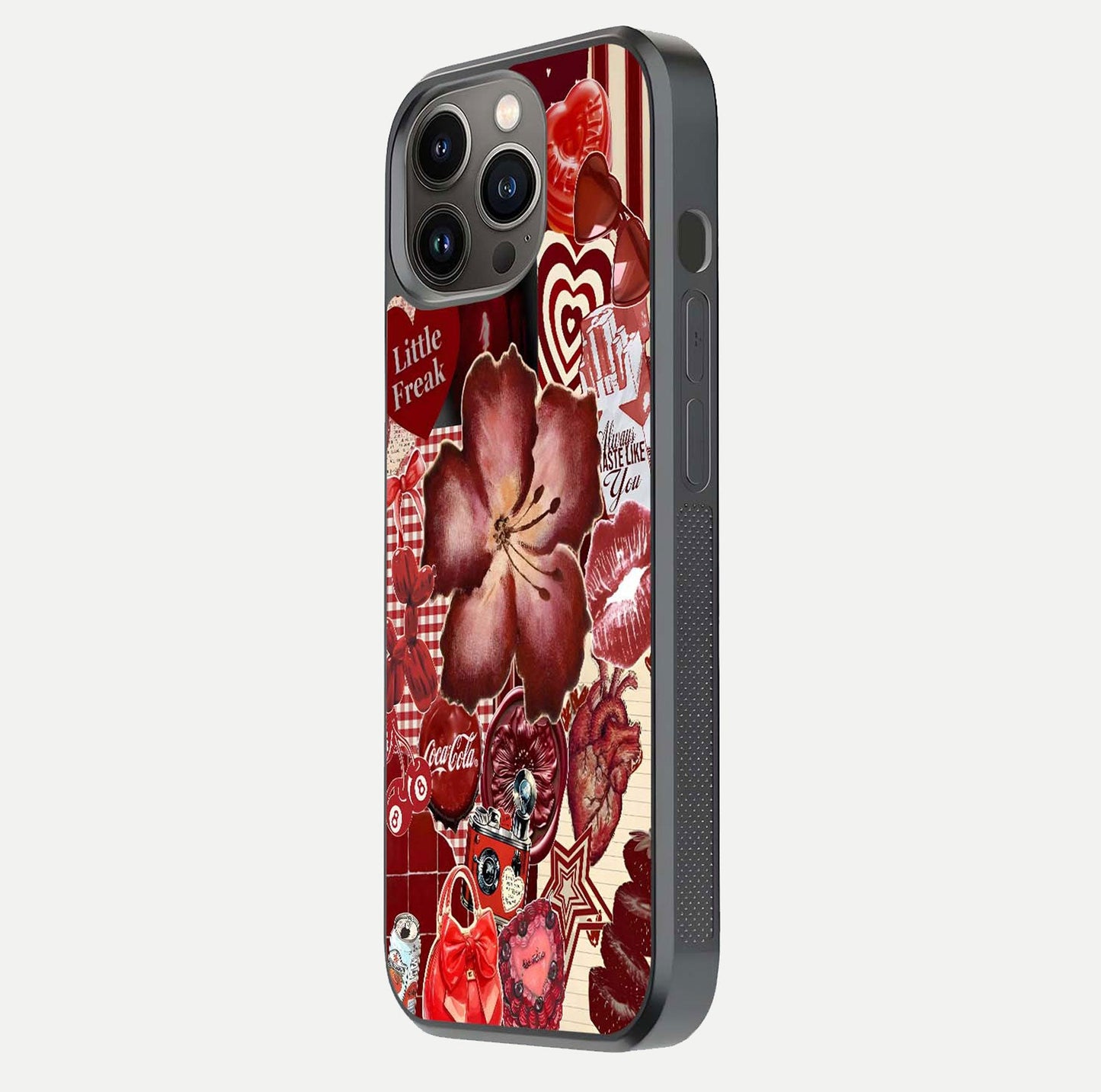 Aesthetic Little Freak Glass Case for iPhone 16 Pro side-angle image showing colorful design, camera module, and glossy finish reflection