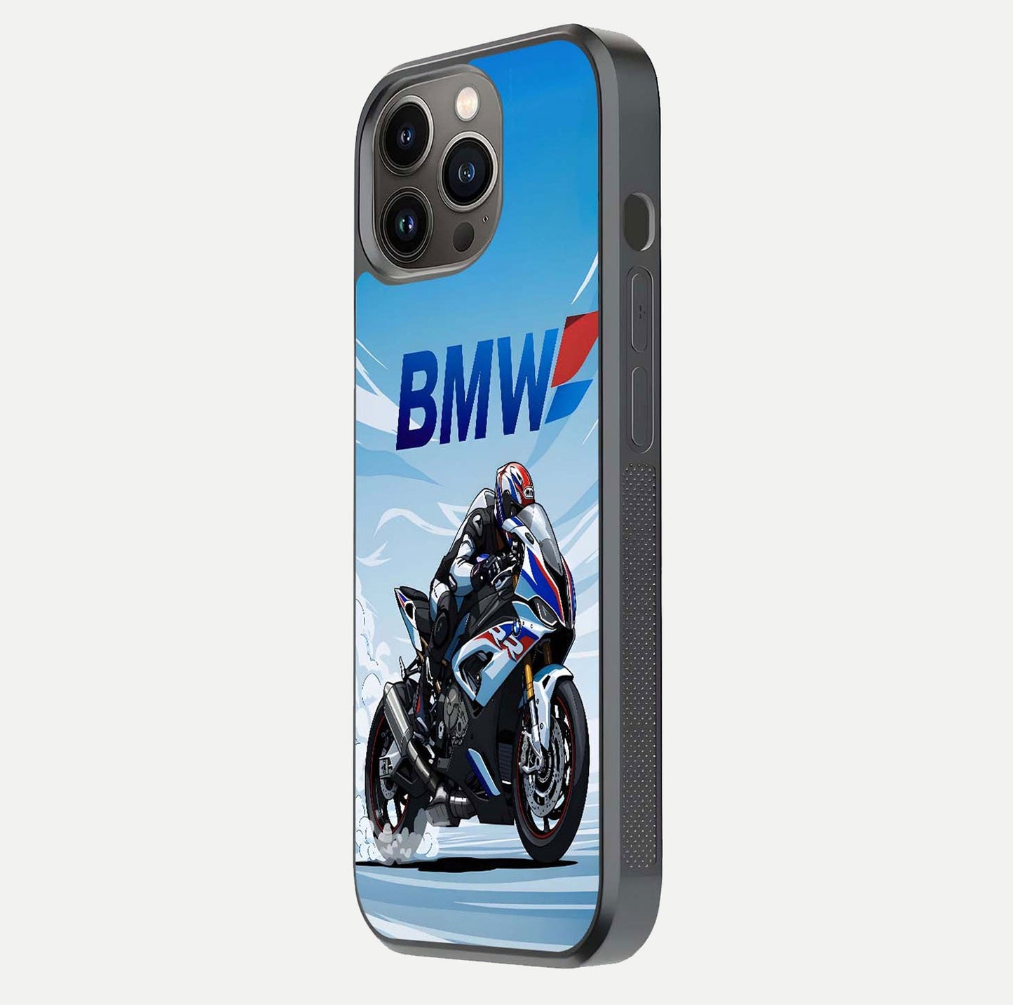 BMW Power Drift Glass Case for iPhone 13 Pro side-angle image emphasizing smooth finish and detailed design