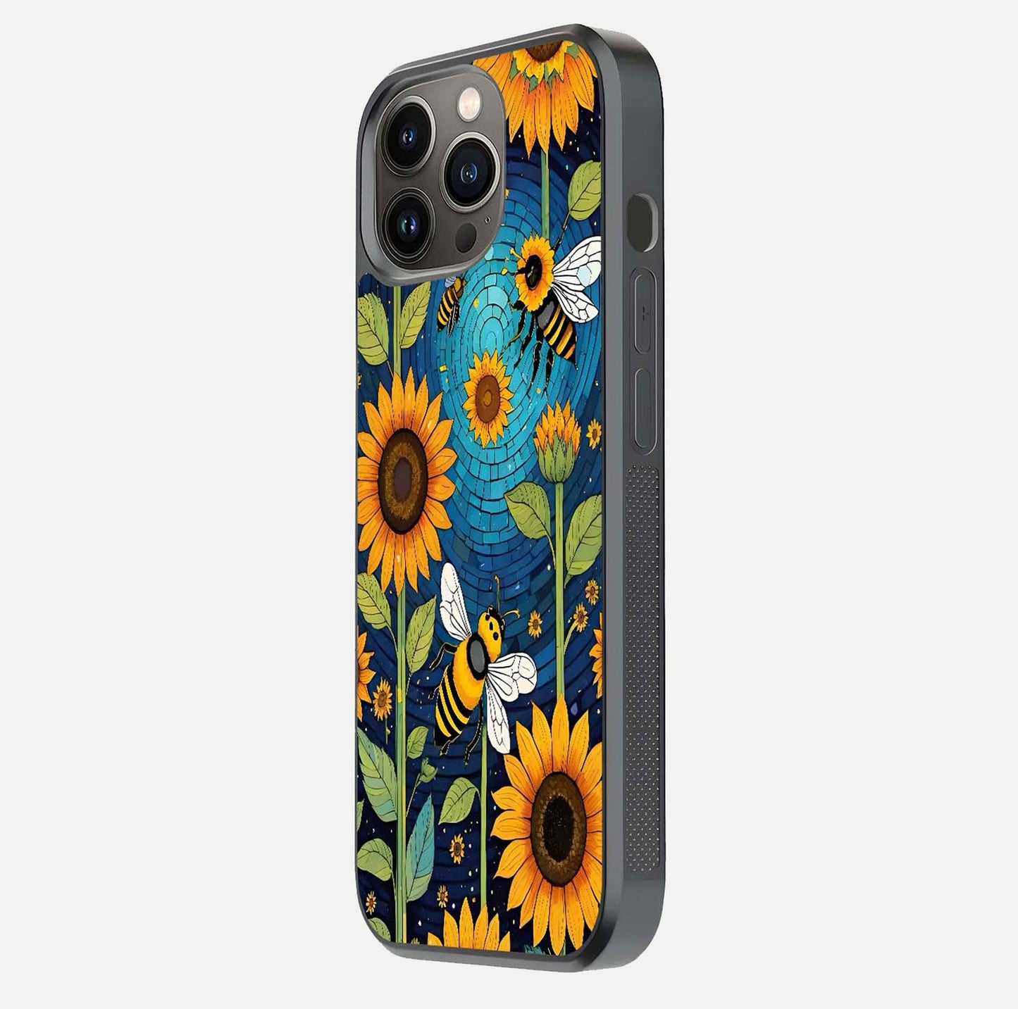 Bees & Sunflowers Glass Case for iPhone 13 Pro side-angle image showing bee pattern alignment and shiny protective surface