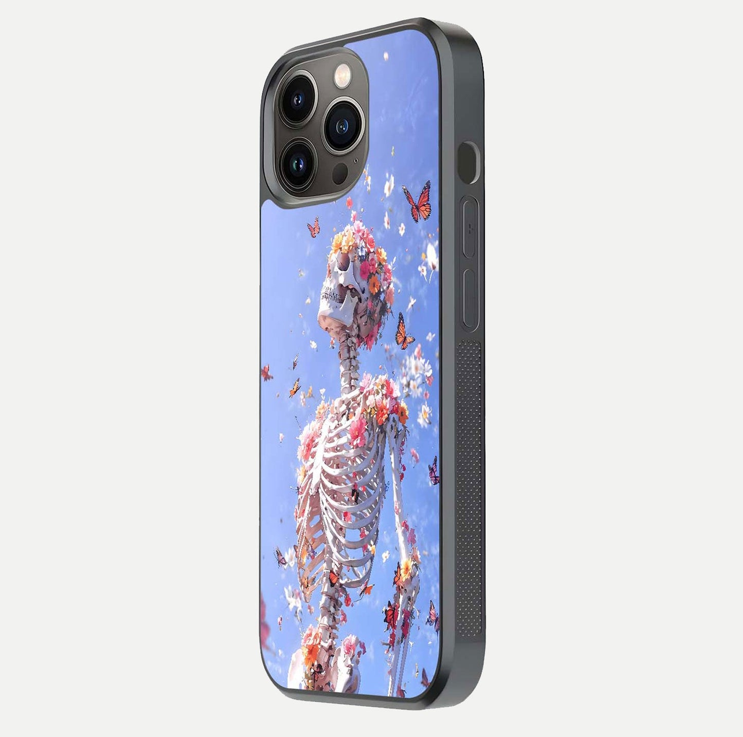 Bloom Beyond Bones Glass Case for iPhone 13 Pro side-angle image highlighting print precision and gloss finish