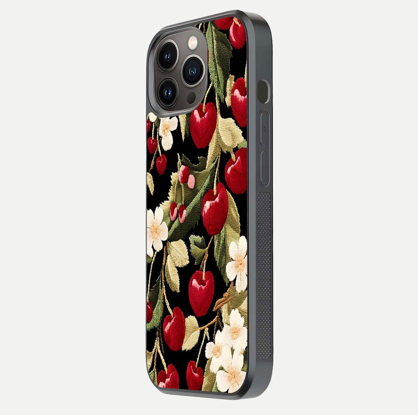 Bloom Thread Art Glass Case for iPhone 13 Pro side-angle image showing texture depth and gloss reflection