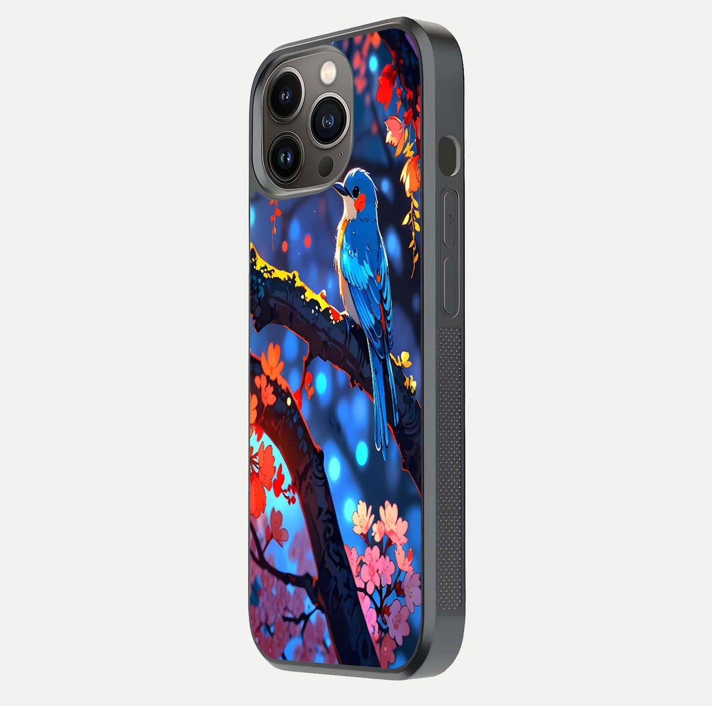 Blooming Spendor Bird Glass Case for iPhone 13 Pro side-angle photo showing floral wings and reflection finish
