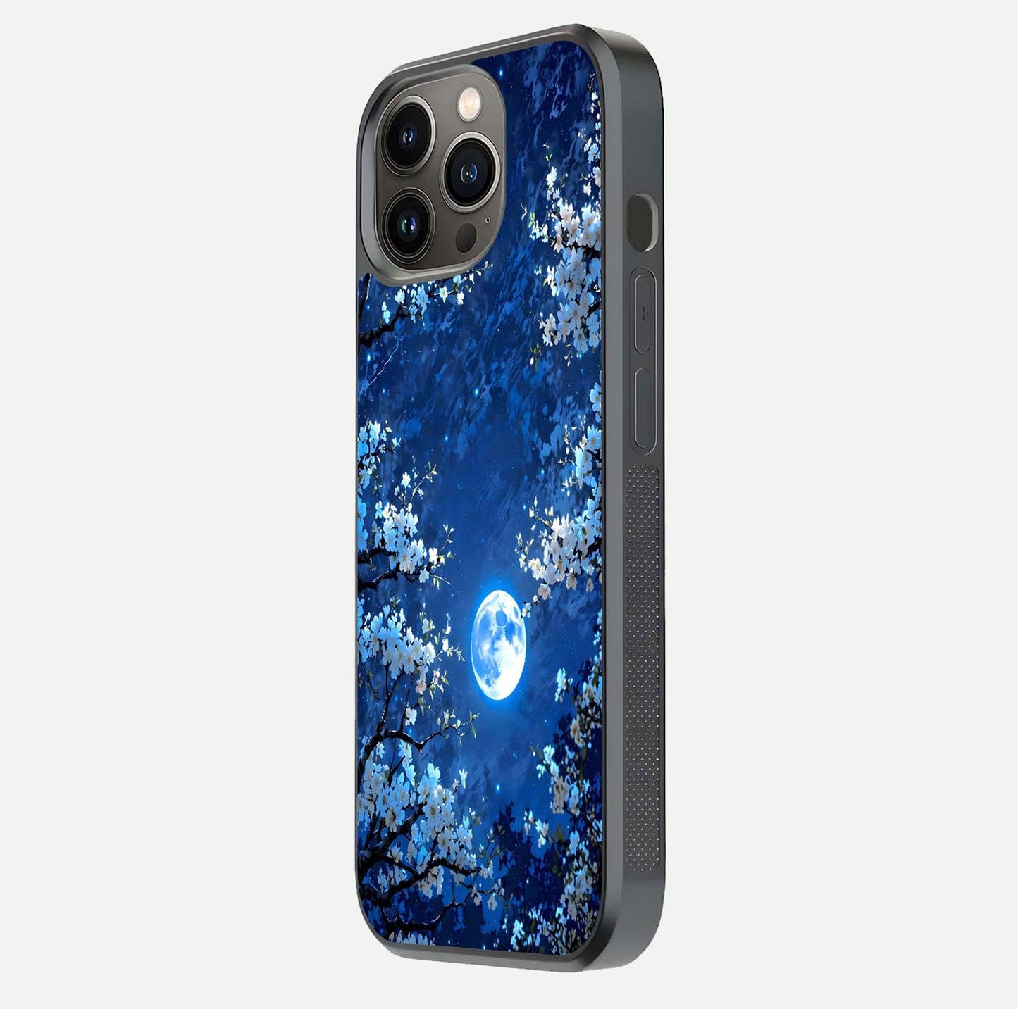 Blossom Moonlight Sky Glass Case for iPhone 13 Pro side-angle view emphasizing moonlight tones and protective edge