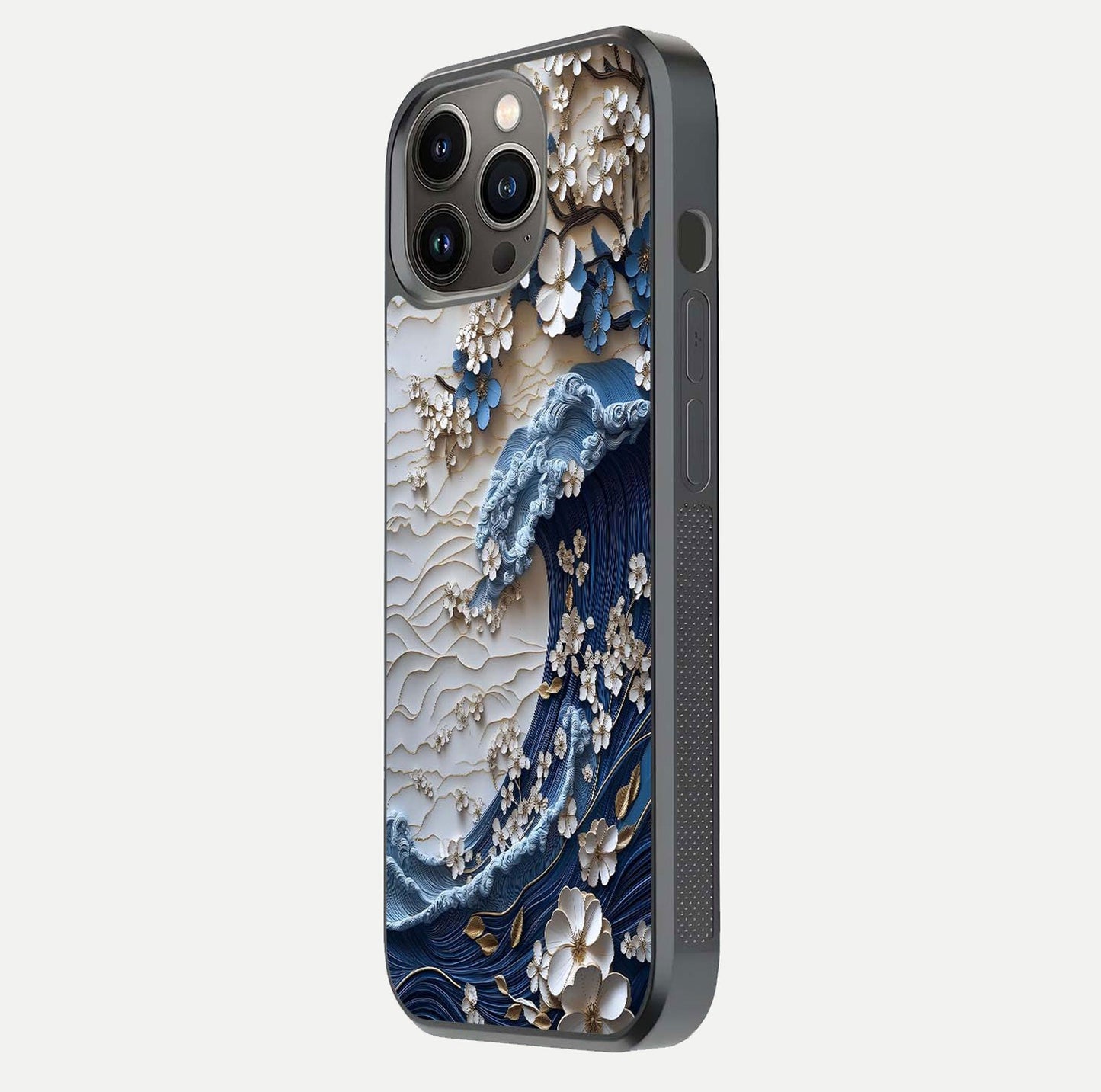 Blossom Wave Art Glass Case for iPhone 13 Pro side-angle view showing wave-flow print and gloss edge finish