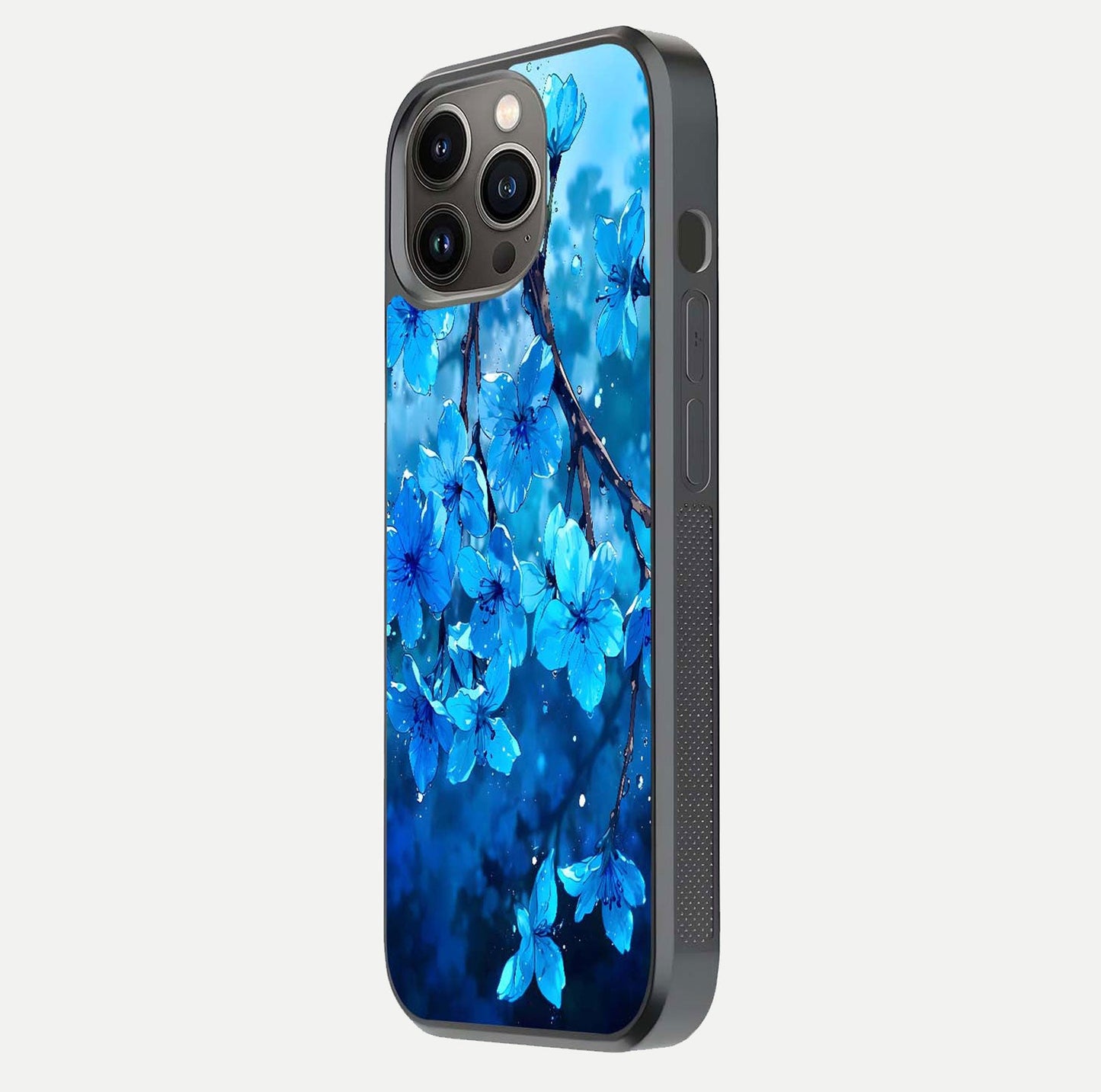 Blue Blossoms Branch Glass Case for iPhone 13 Pro side-angle image showing blossom pattern flow and glossy texture