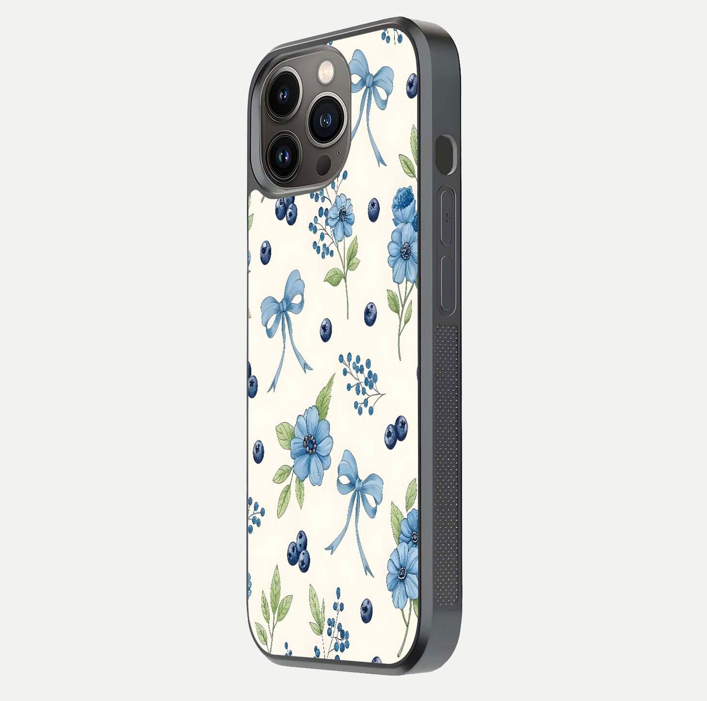 Blue Flower & Bow Glass Case for iPhone 13 Pro side-angle image showing bow-floral mix and HD finish shine