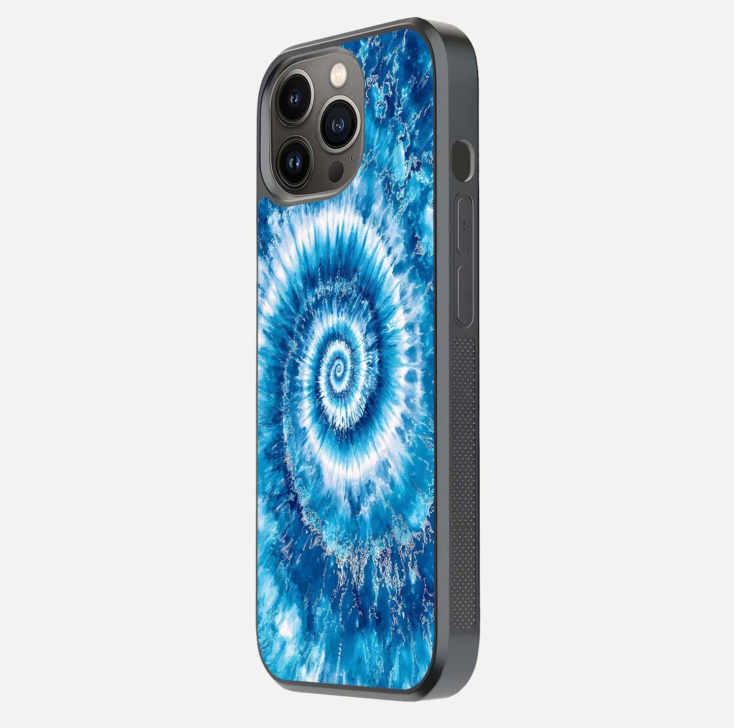 Blue Galaxy Wave Glass Case for iPhone 13 Pro side-angle image showing wave ripple art and glass gloss