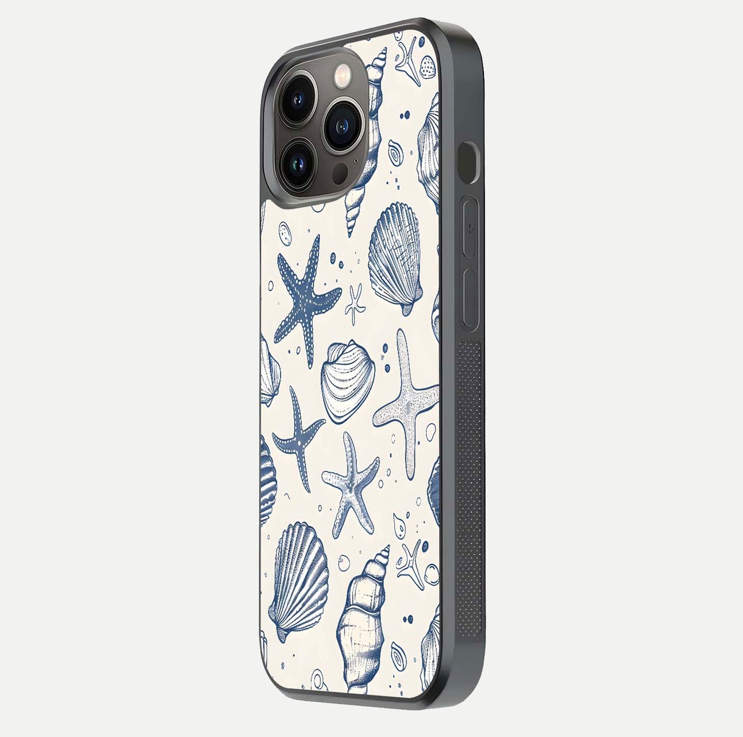 Blue Ocean Outline Glass Case for iPhone 13 Pro side-angle view showing clear edge lines and oceanic blue glow