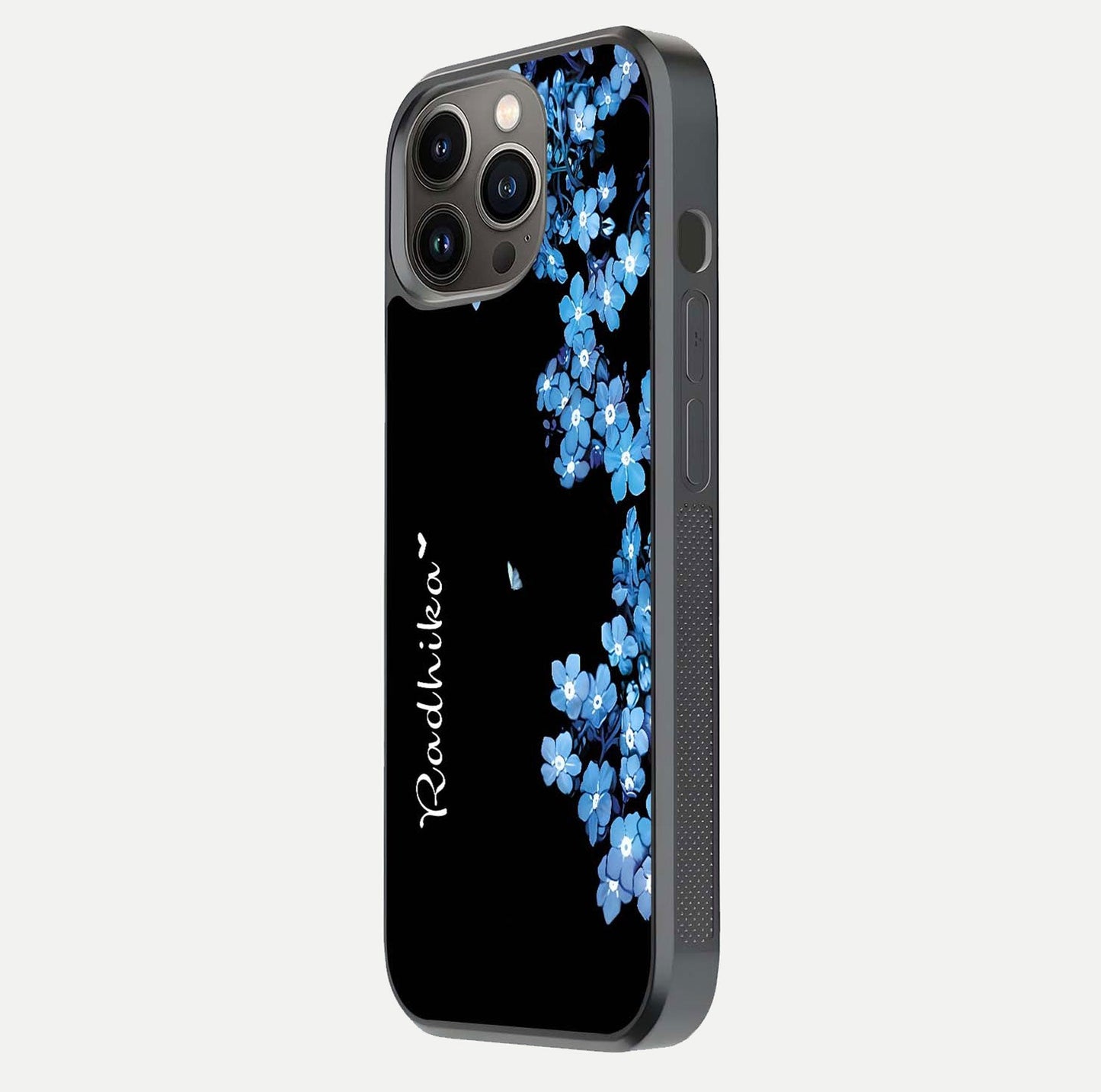 Blue Petal Dream Custom Name Glass Case for iPhone 13 Pro side-angle image showing name print clarity and smooth gloss