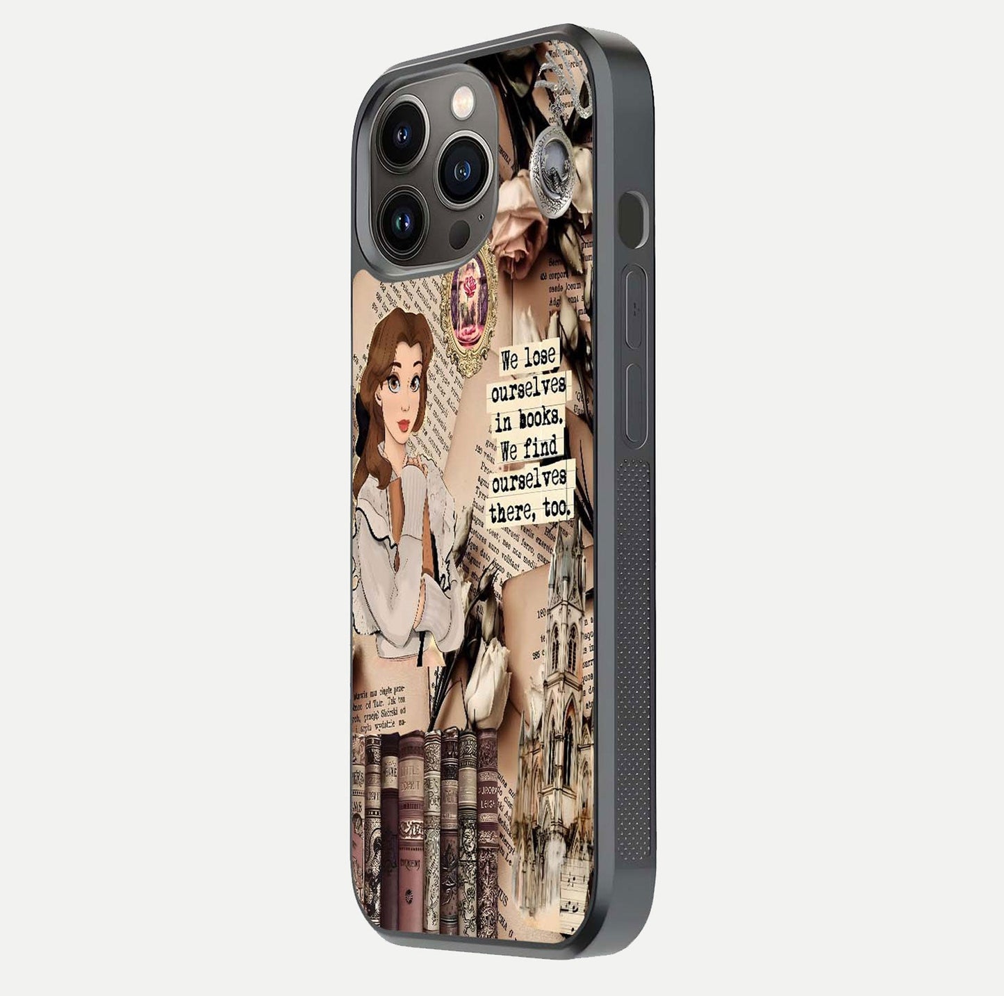 Bookish Dream World Glass Case for iPhone 13 Pro side-angle image showing detail depth and smooth corner polish