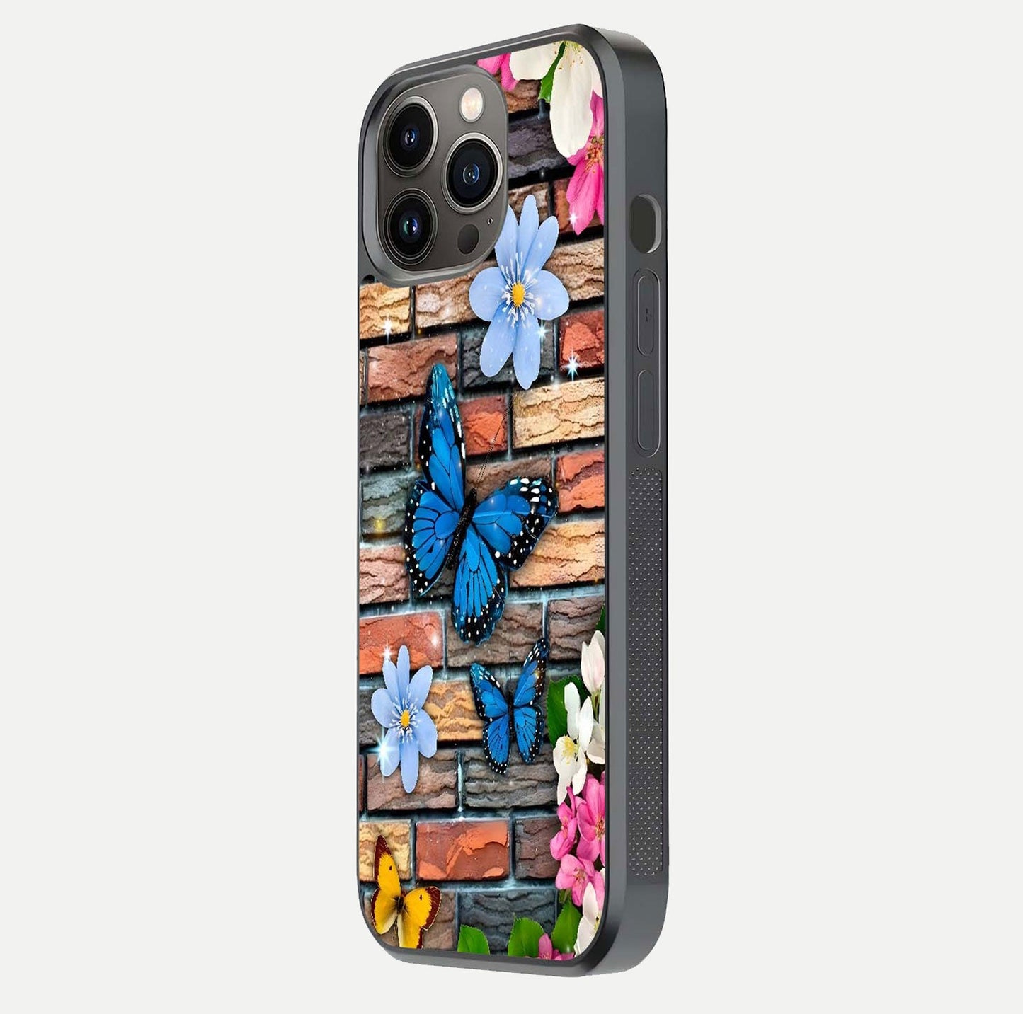 Brick Bloom Flight Glass Case for iPhone 13 Pro side-angle photo showing curve shine and detailed petal contrast