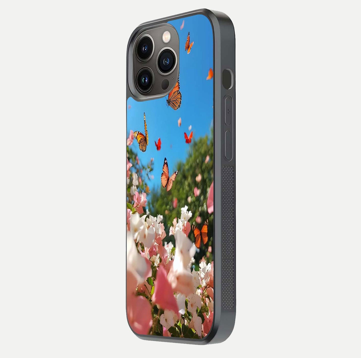 Butterflies in Bloom Sky Glass Case for iPhone 13 Pro side-angle image showing delicate details and gloss polish