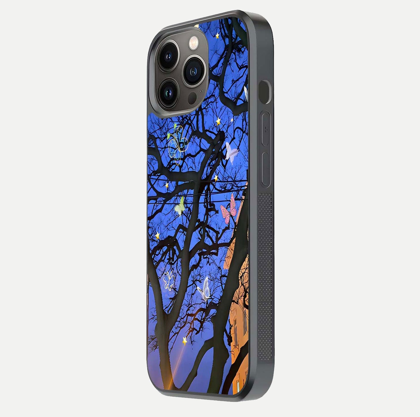 Butterfly Night Magic Glass Case for iPhone 13 Pro side-angle view capturing butterfly contrast and glossy depth