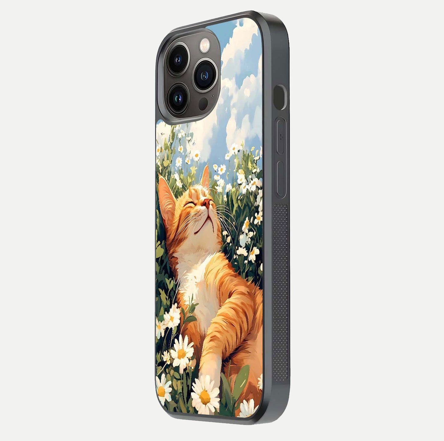 Cat & Flowers View Glass Case for iPhone 13 Pro side-angle image capturing cat print clarity and gloss tone