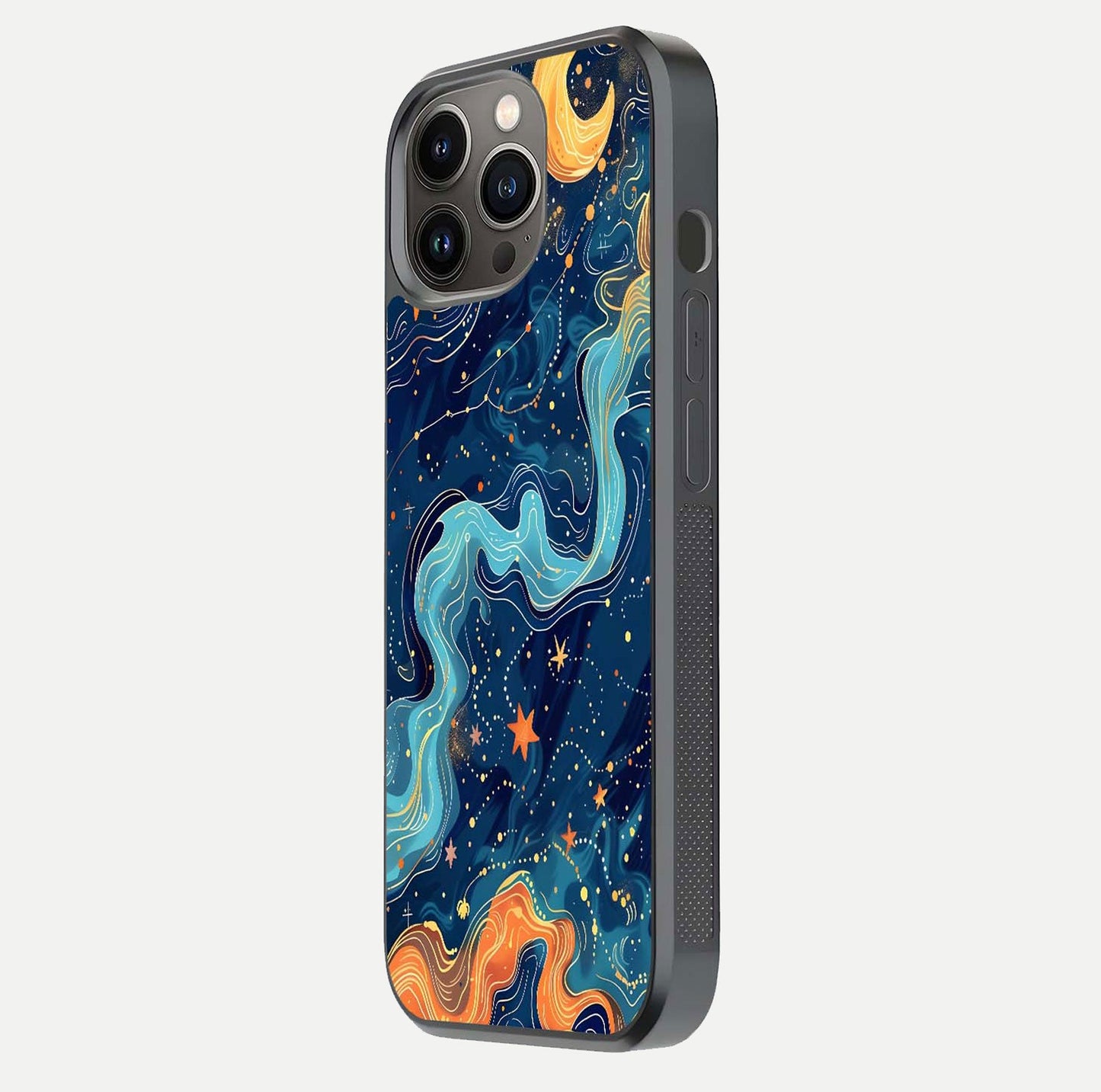Celestial Dream Flow Glass Case for iPhone 13 Pro side-angle image capturing color swirl and glass reflection