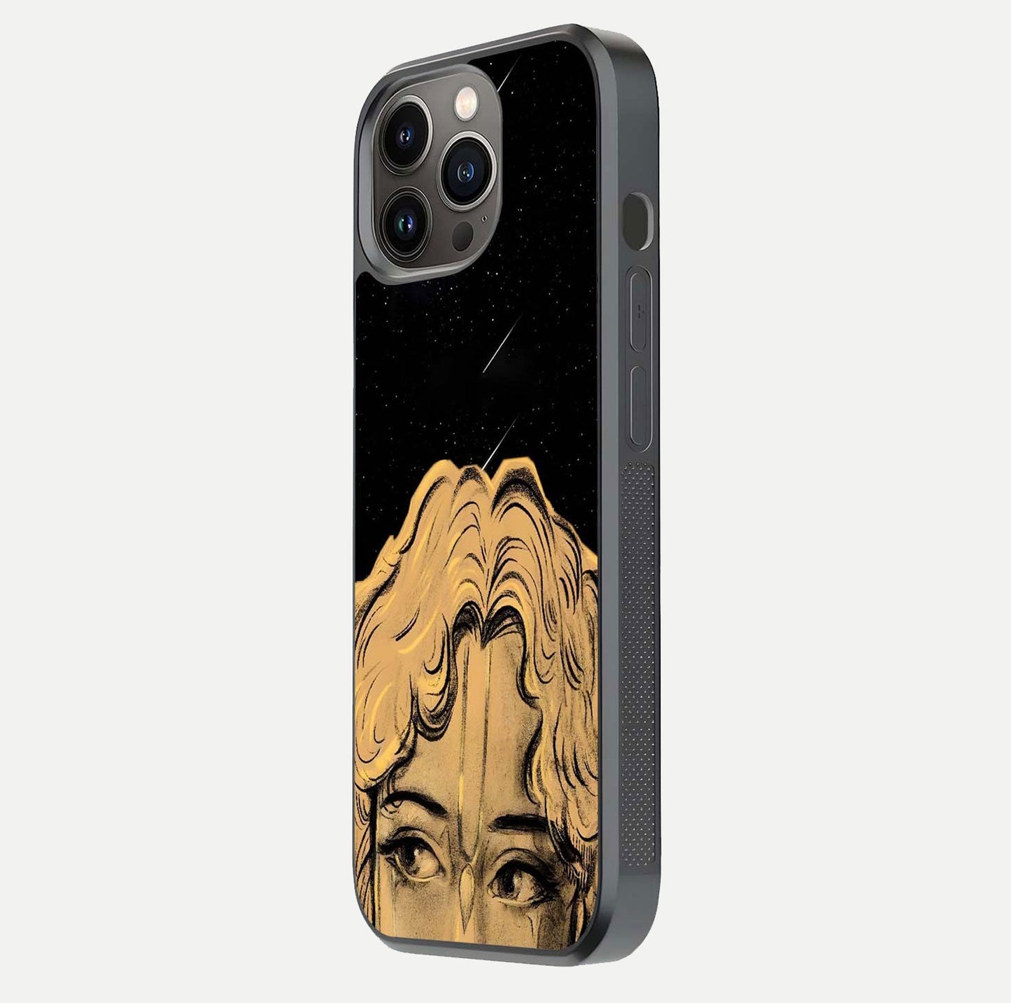 Celestial God’s Plan Glass Case for iPhone 13 Pro side-angle image showing gloss, camera frame, and cosmic tones