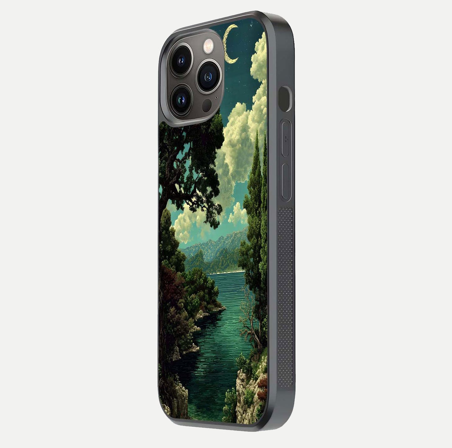 Celestial Lake Peace Glass Case for iPhone 13 Pro side-angle image displaying reflective glow and gentle edges