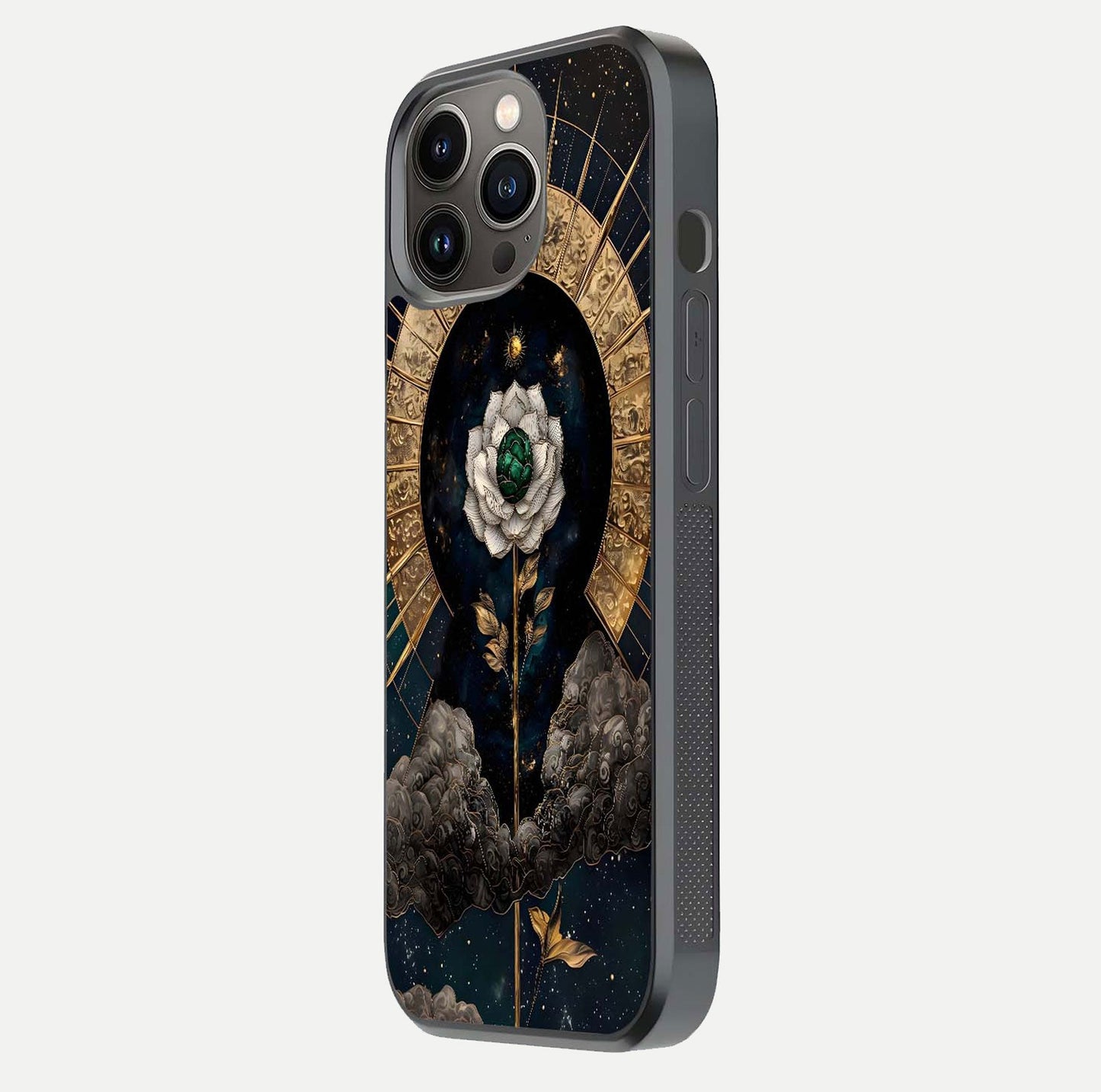 Celestial Lotus Morang Glass Case for iPhone 13 Pro side-angle image capturing shine and smooth curvature