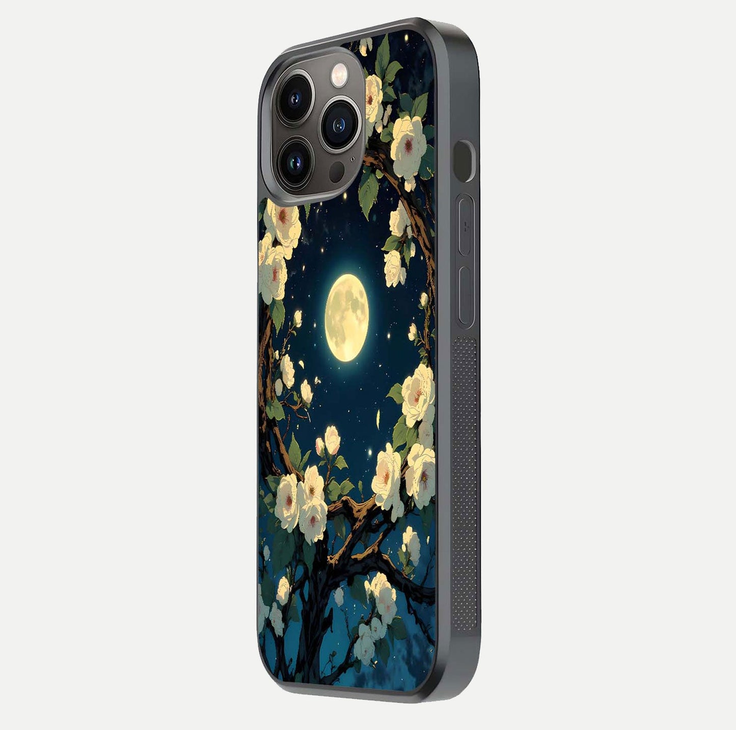 Celestial Moon & Flower Glass Case for iPhone 13 Pro side-angle image showing edge smoothness and glow reflection