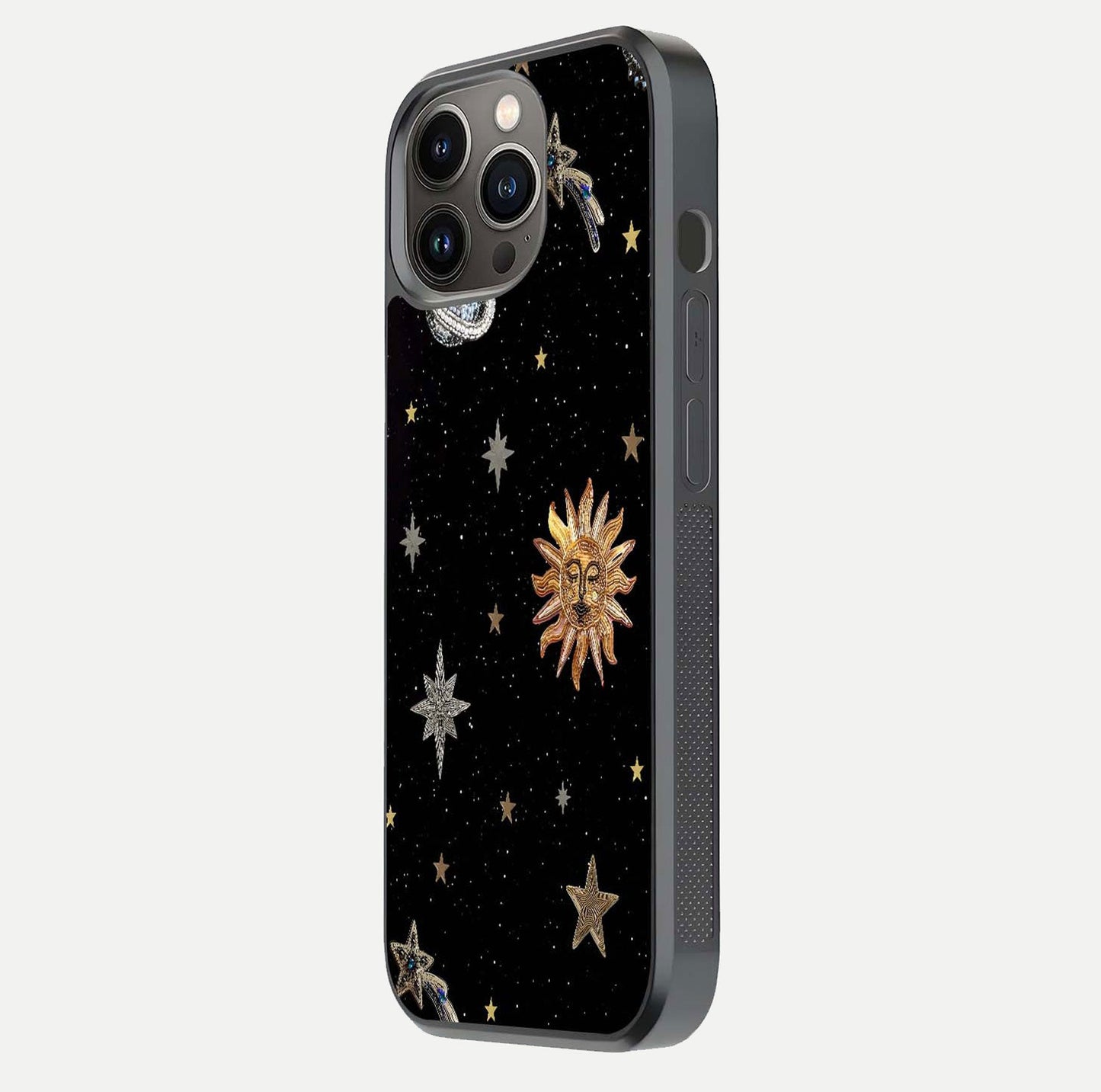 Celestial Moon With Stars Glass Case for iPhone 13 Pro side-angle view showing curved edges and shimmer glow