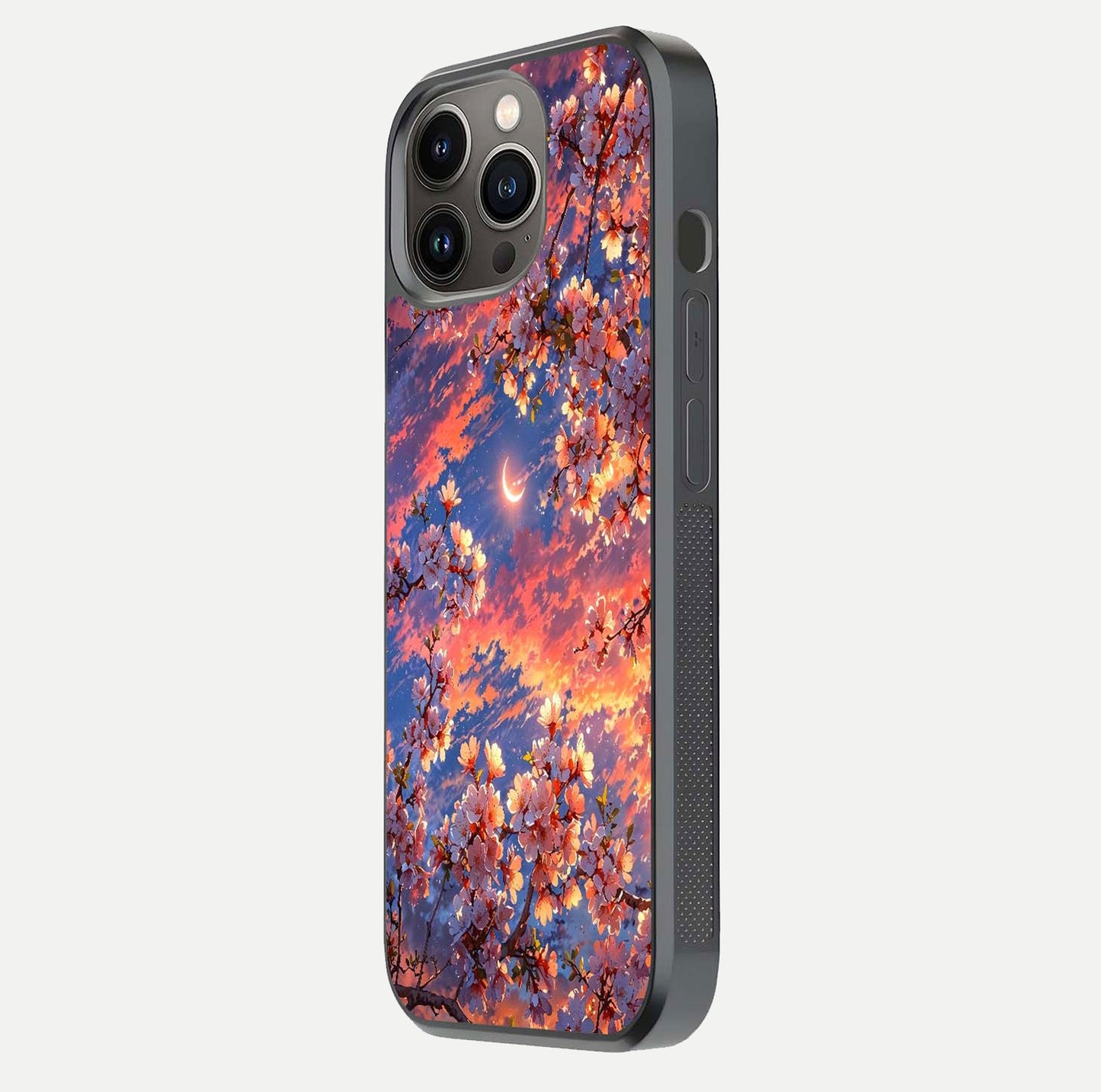 Celestial Sakura Sunset Glass Case for iPhone 13 Pro side-angle image showing edge glow and petal texture