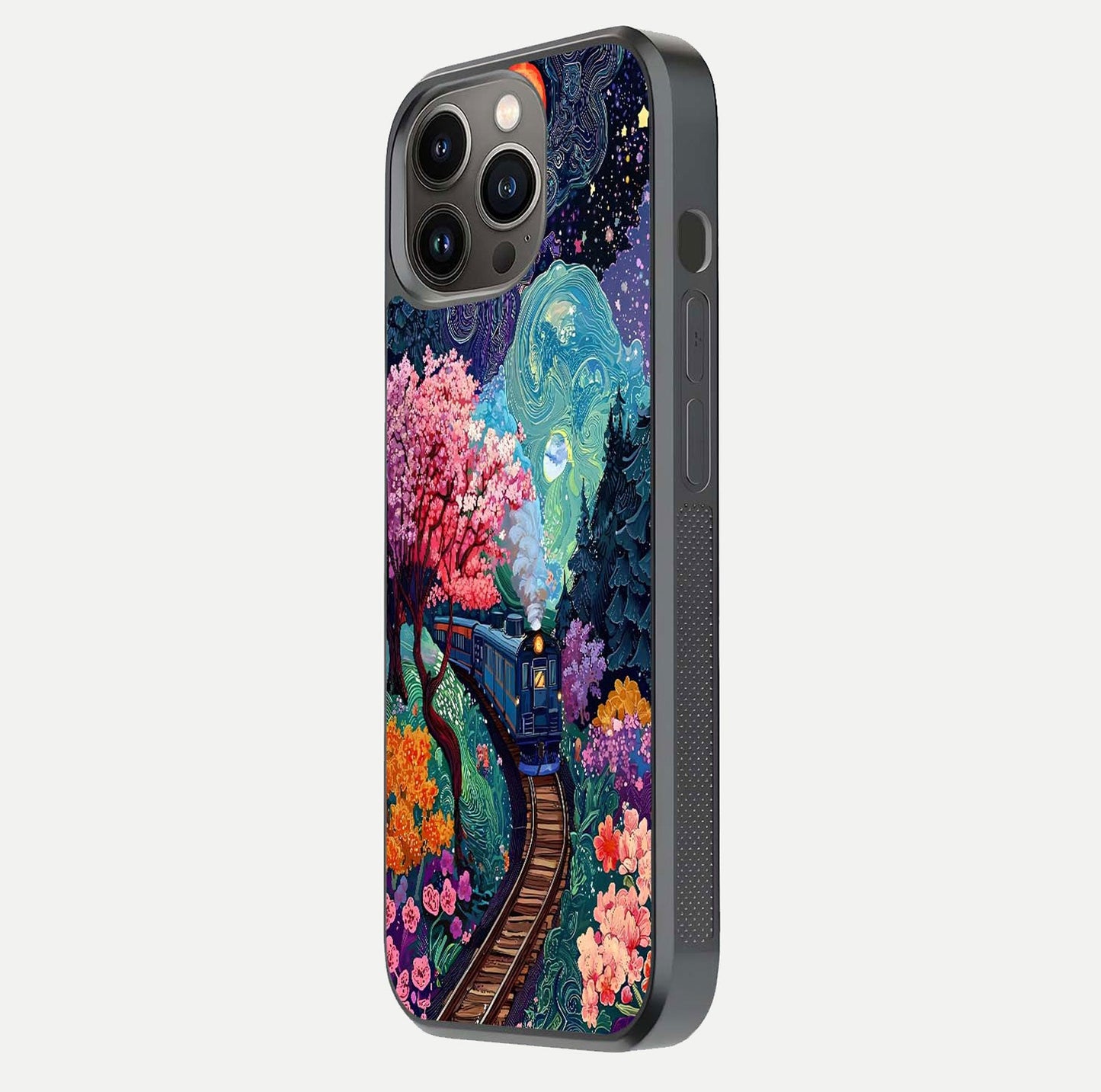 Celestial Train Journey Glass Case for iPhone 13 Pro side-angle image showing polished curve and HD print detail