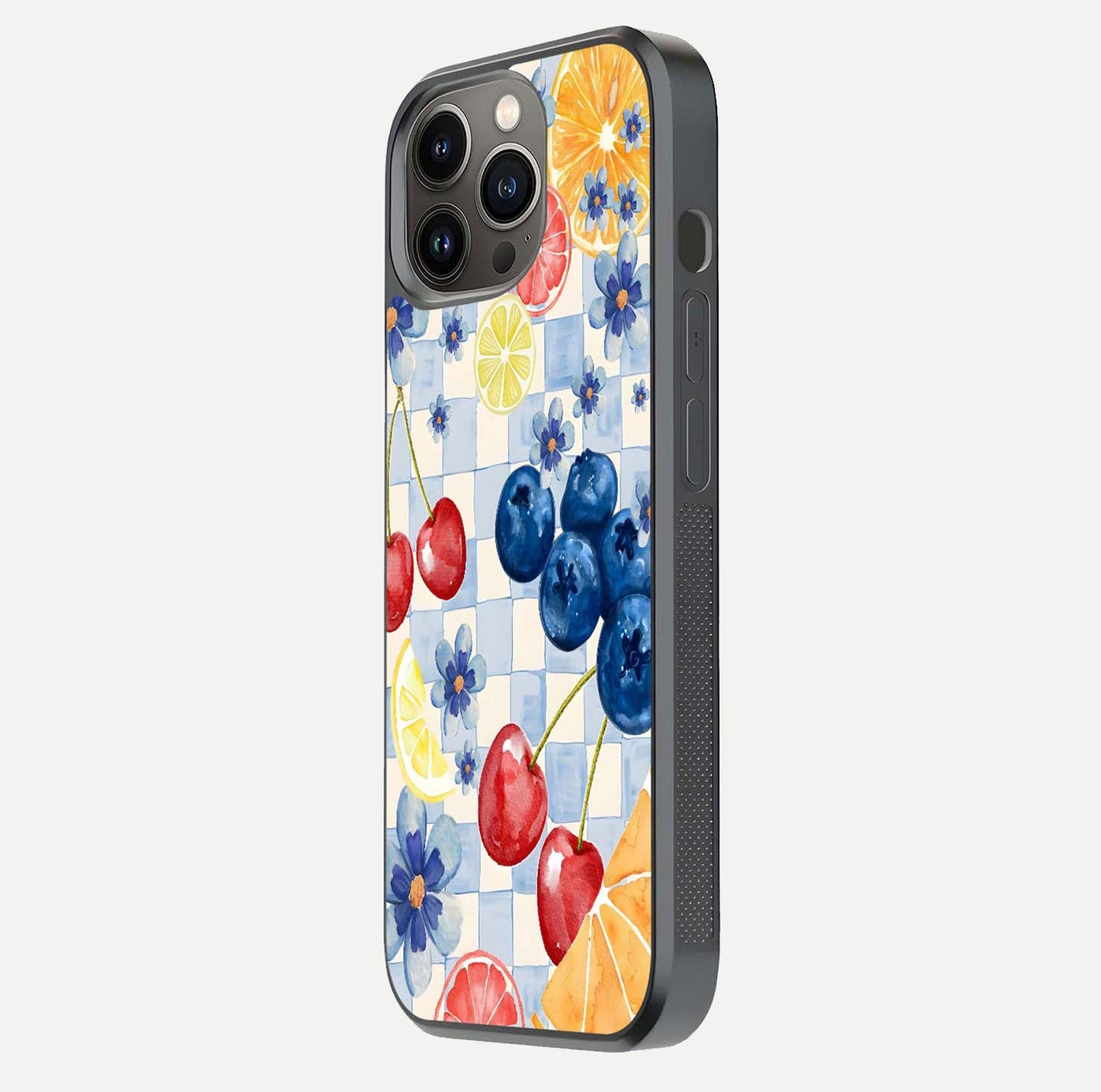 Citrus Bloom Joy Glass Case for iPhone 13 Pro side-angle photo capturing bright color and glass reflection
