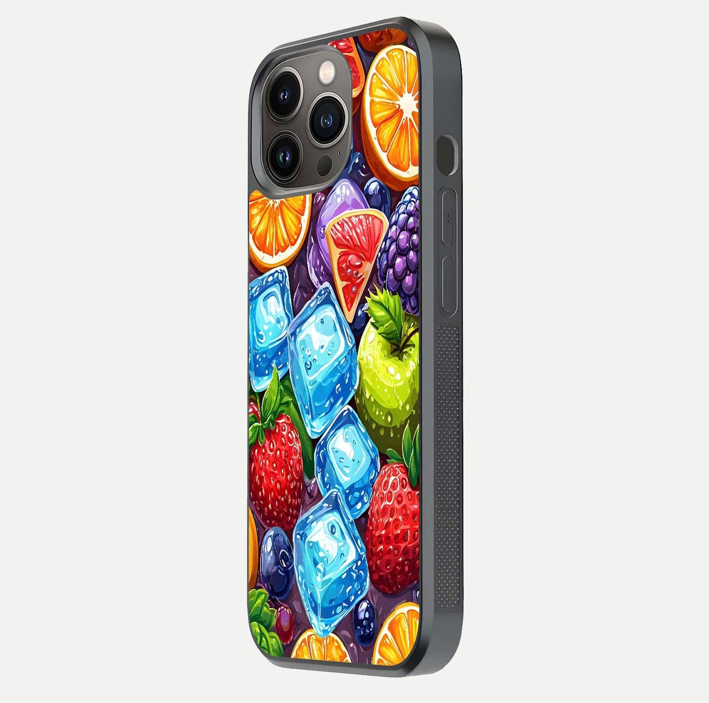 Colorful Fruits with Ice Glass Case for iPhone 13 Pro side-angle photo showing curve gloss and vivid tones