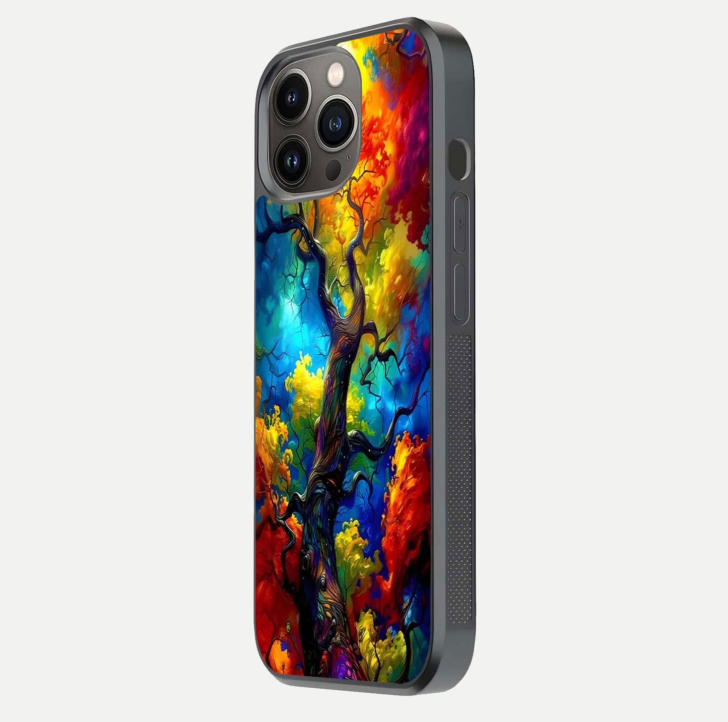 Colorful Tree Glass Case for iPhone 13 Pro side-angle image showing curve reflection and fine print texture